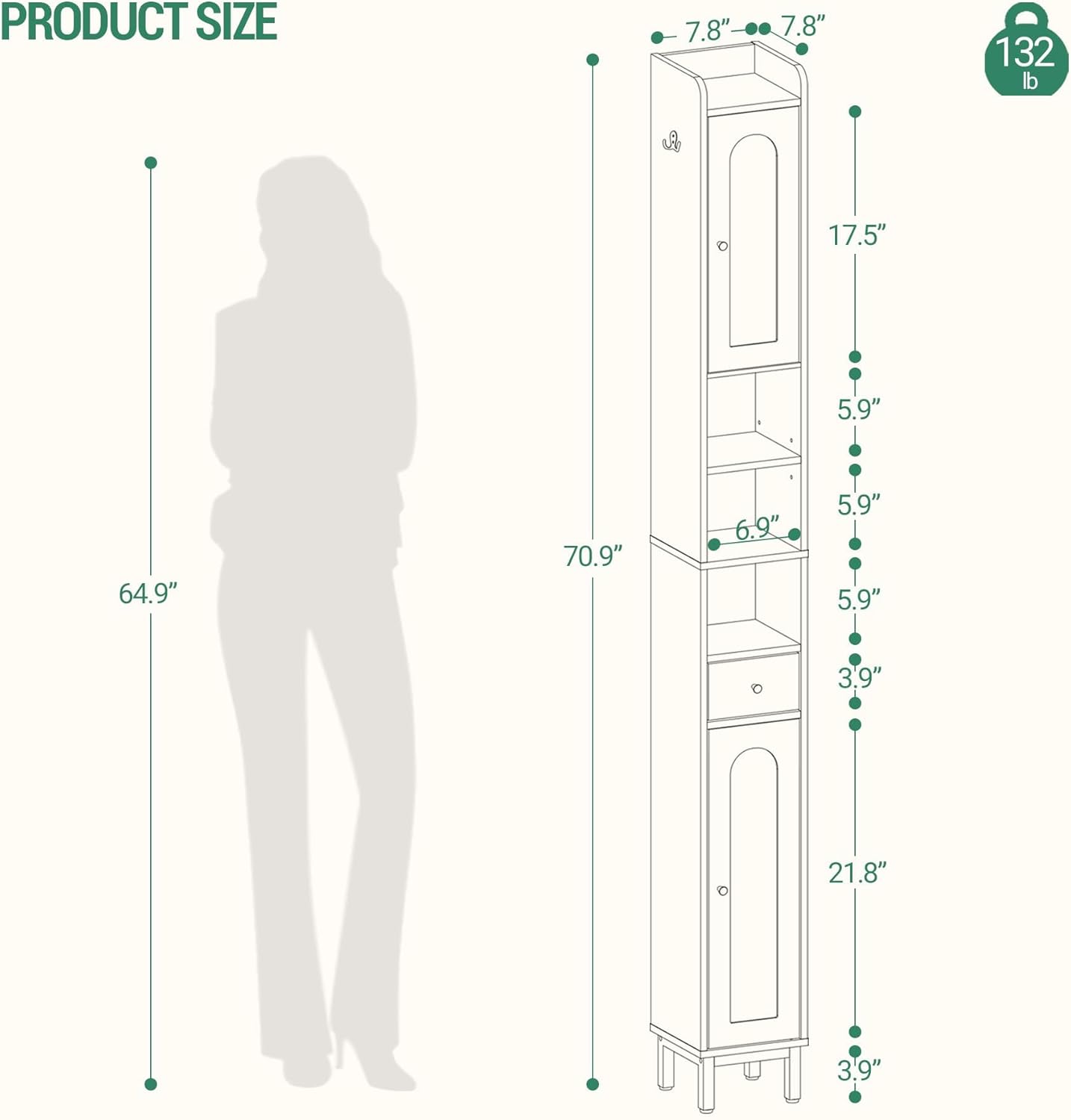 Bathroom Cabinet with Adjustable Shelves, Freestanding Floor Cabinet, Tall Bathroom Storage Cabinet with Doors & Drawer