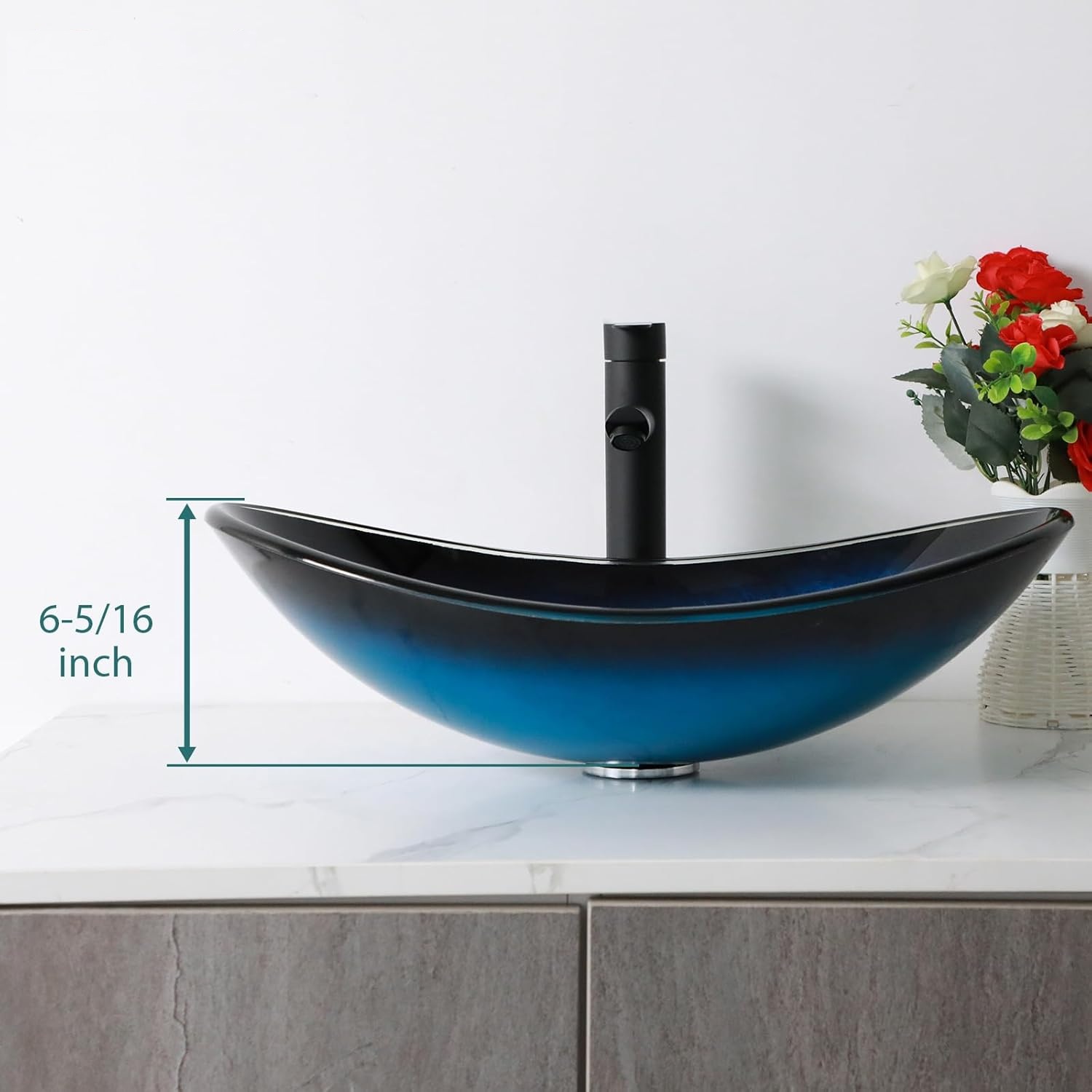 21" Blue Glass Vessel Sink With Faucet And Drain Combo Modern Boat Shape Artistic Basin Bathroom Vessel Sink