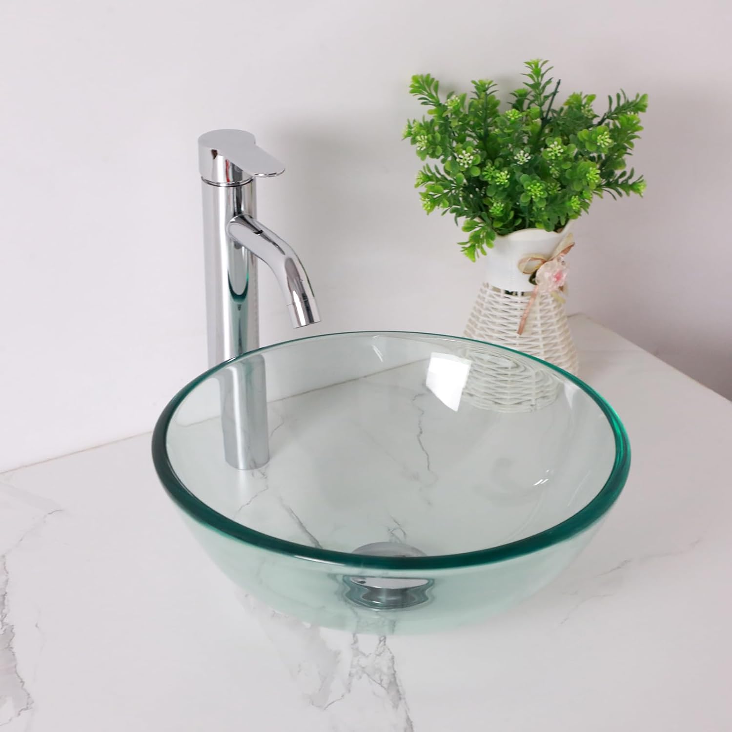 14" Clear Glass Vessel Sink With Faucet And Drain Combo Modern Round Shape Artistic Basin Bathroom Vessel Sink