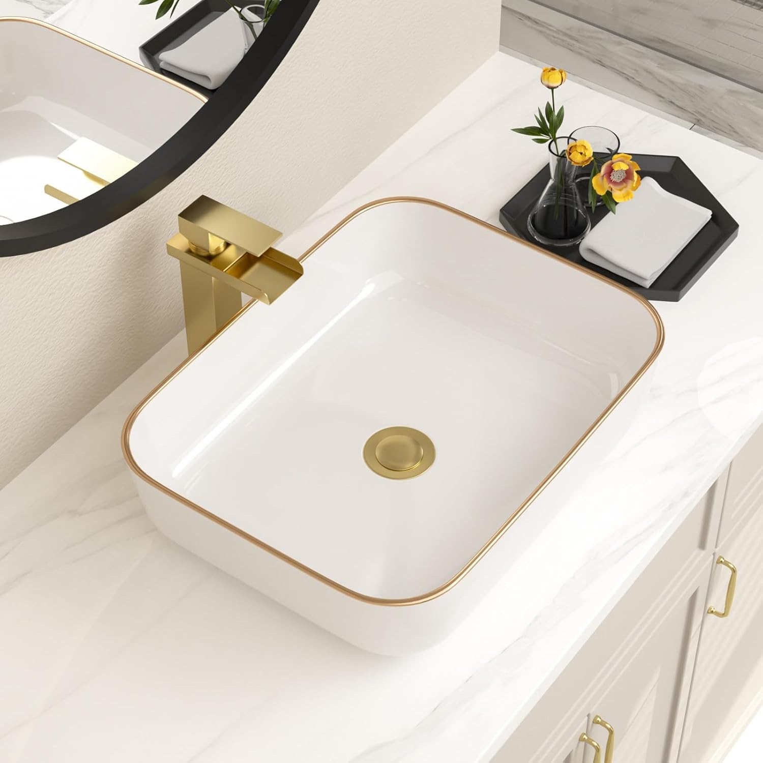 19"x15" Rectangular Bowl Sinks for Bathrooms With Gold Rim White Vessel Sink Above Counter
