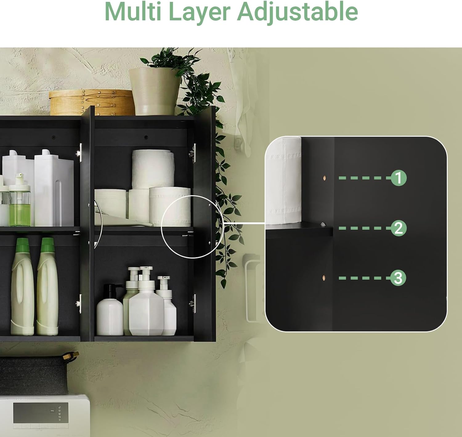 3-Doors Bathroom and Laundry Room Wall Cabinet with Adjustable Shelves, Wall Mounted MDF Storage Organizer Over Toilet or Washer