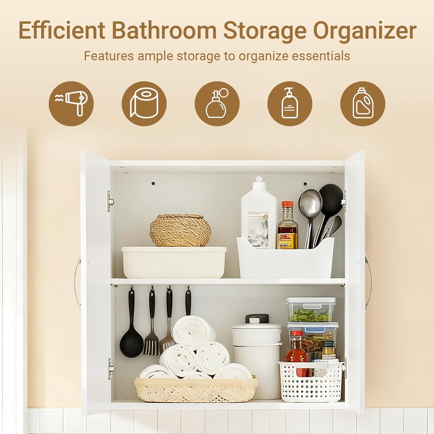 Over Toilet Storage Cabinet with Adjustable Shelf and Doors, Wall Mounted Medicine Cabinet for Small Spaces, Laundry Storage Cabinet