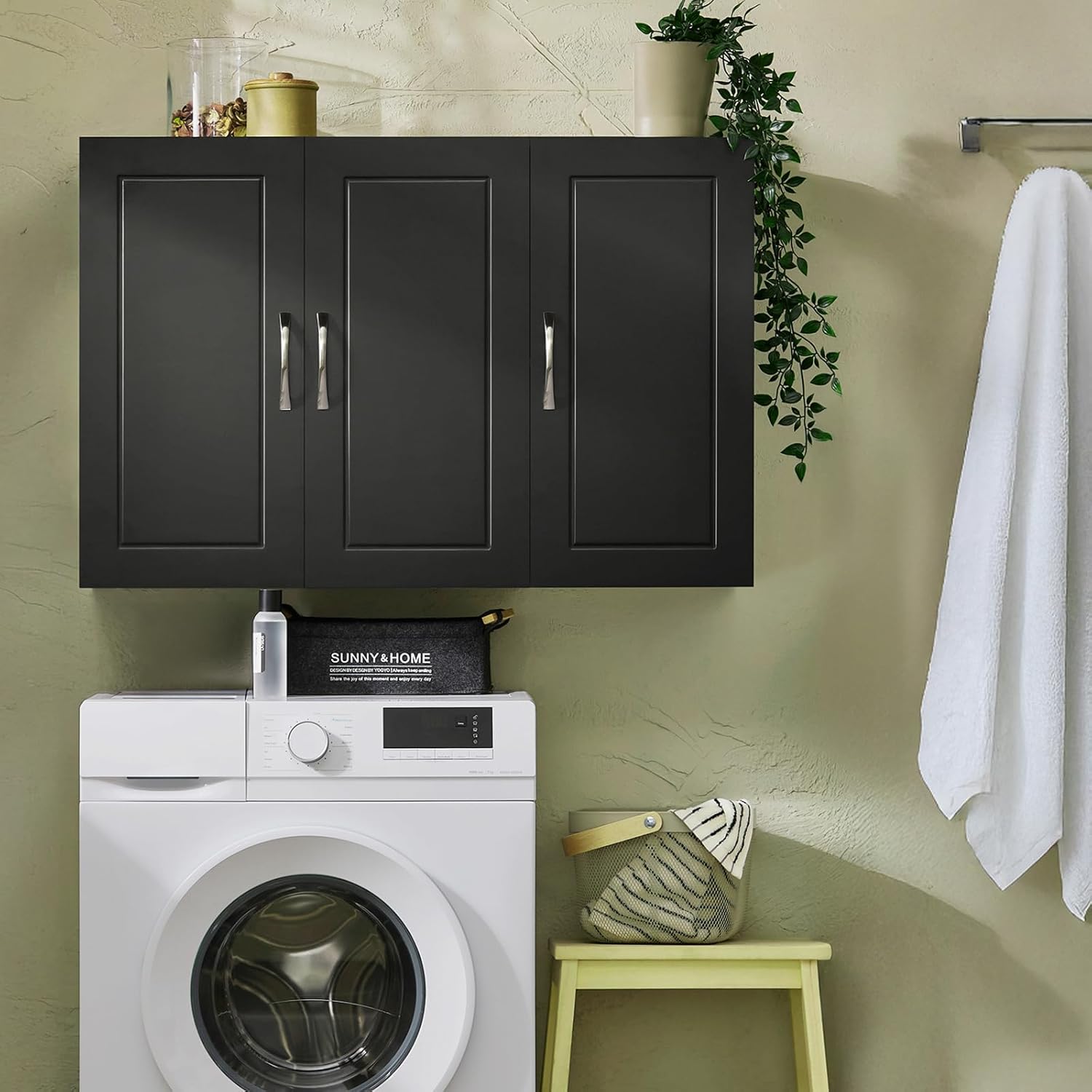 3-Doors Bathroom and Laundry Room Wall Cabinet with Adjustable Shelves, Wall Mounted MDF Storage Organizer Over Toilet or Washer