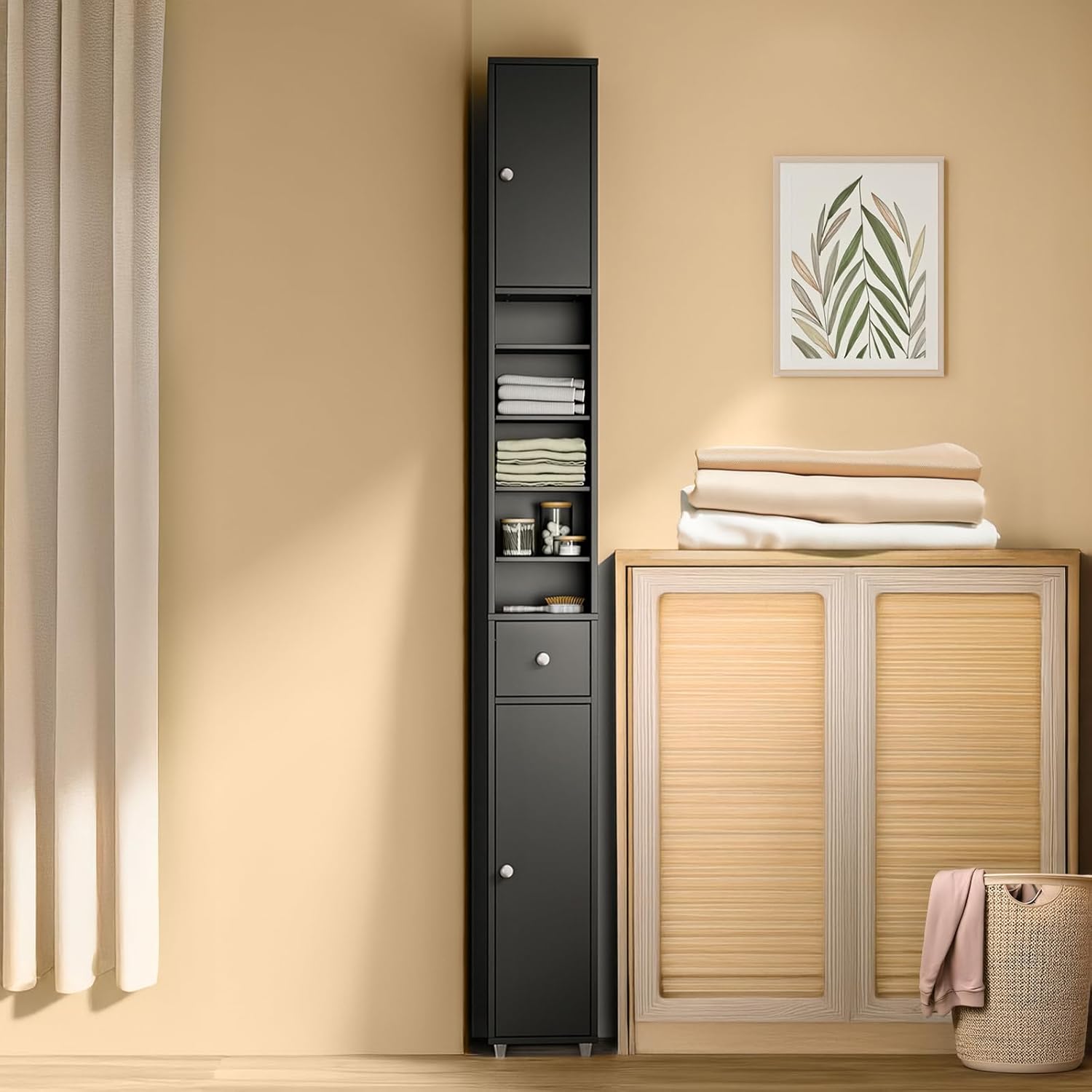 Tall Slim Bathroom Storage Cabinet with Drawer and Doors, Narrow Freestanding Organizer for Small Spaces, Adjustable Shelves for Towels