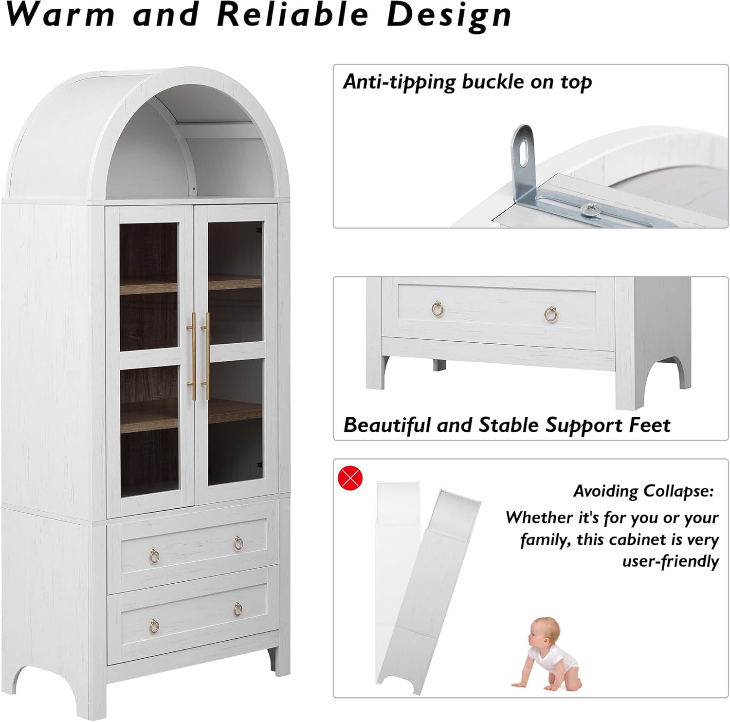 Farmhouse Wood Kitchen Storage Cabinet With Adjustable Shelves, Glass Door