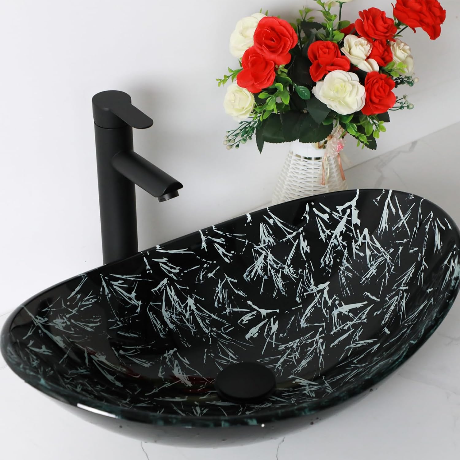 21" Black Glass Vessel Sink With Faucet And Drain Combo Modern Boat Shape Artistic Basin