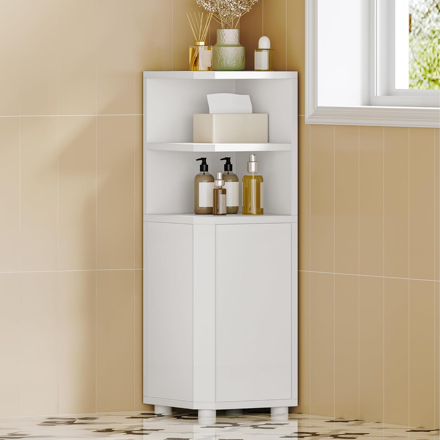 Small Bathroom Corner Cabinet with Doors, Narrow Storage Cabinets with Adjustable Shelves, Bathroom Organizers and Storage for Small Space