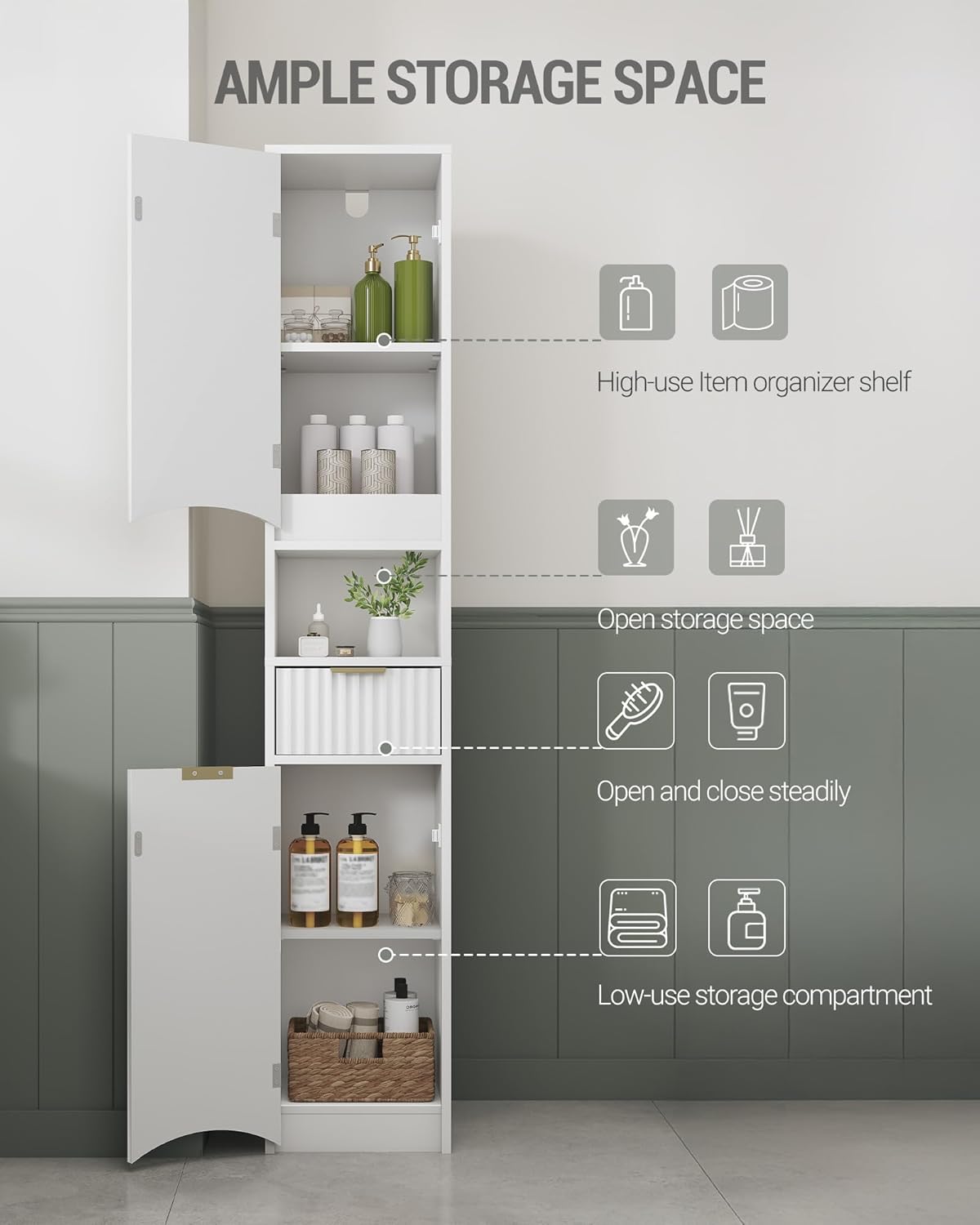 Tall Storage Cabinet with 2 Doors & 1 Drawer, Cabinets with Adjustable Shelves & Wave Doors, Silm Bathroom Cabinets