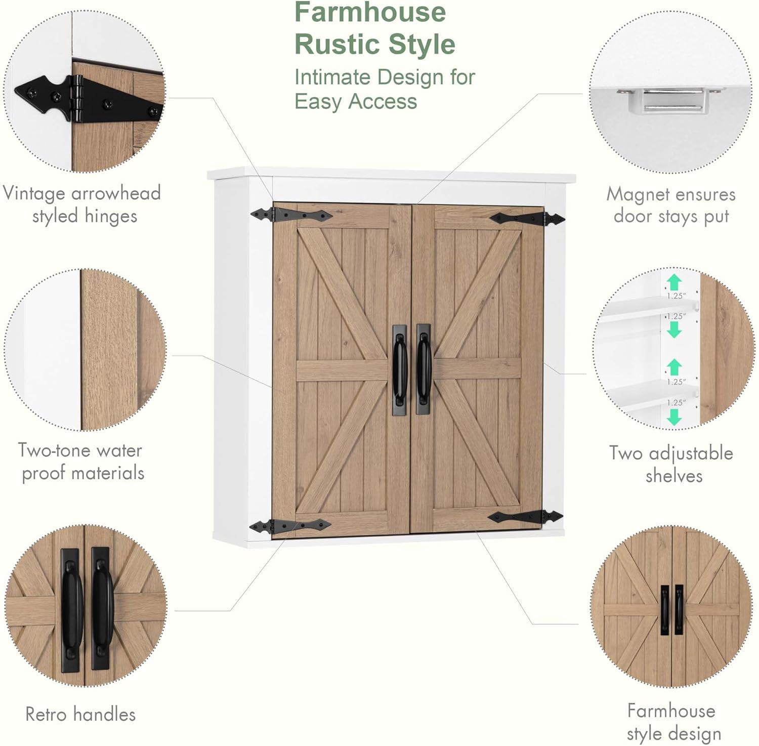 Bathroom Wall Cabinet Over Toilet, Farmhouse Wall Mounted Medicine Cabinet Organizer with Wood Grain Barn Doors and Adjustable Shelves