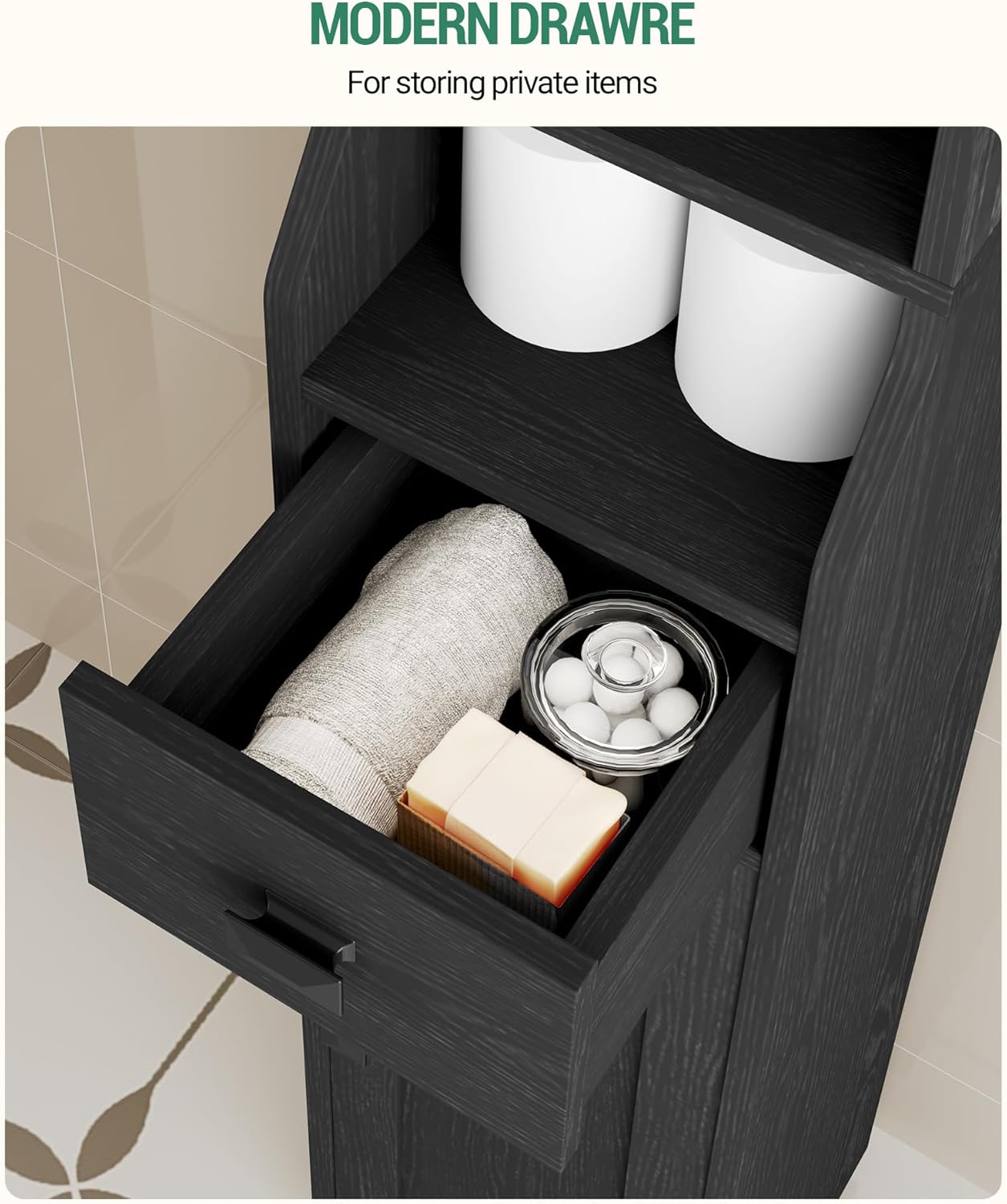 Narrow Tall Bathroom Cabinet, Freestanding Floor Cabinets with 2 Doors and 1 Drawer, Toilets Organizer with Adjustable Shelf