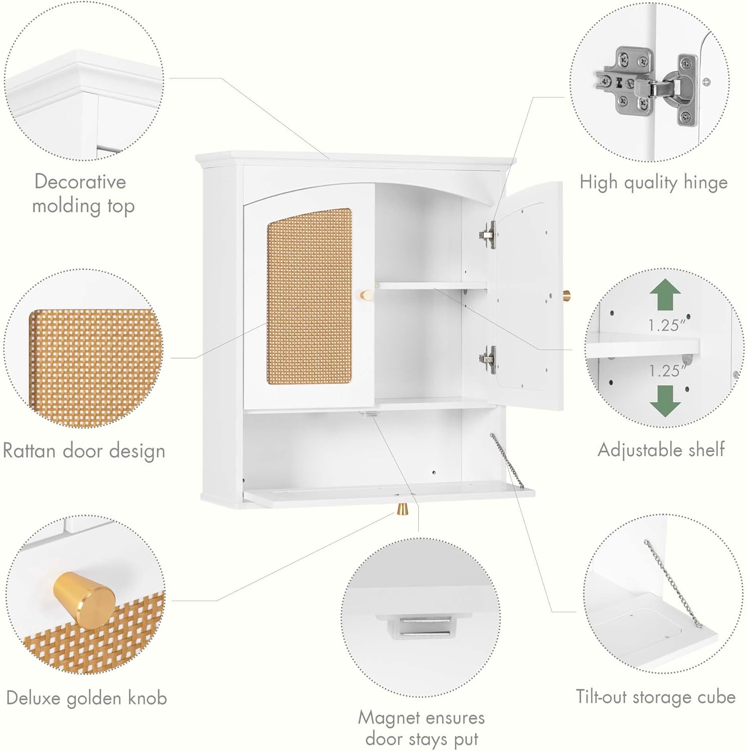 Medicine Cabinet for Bathroom, Over The Toilet Storage Cabinet with Rattan Doors and Tilt-Out Cube