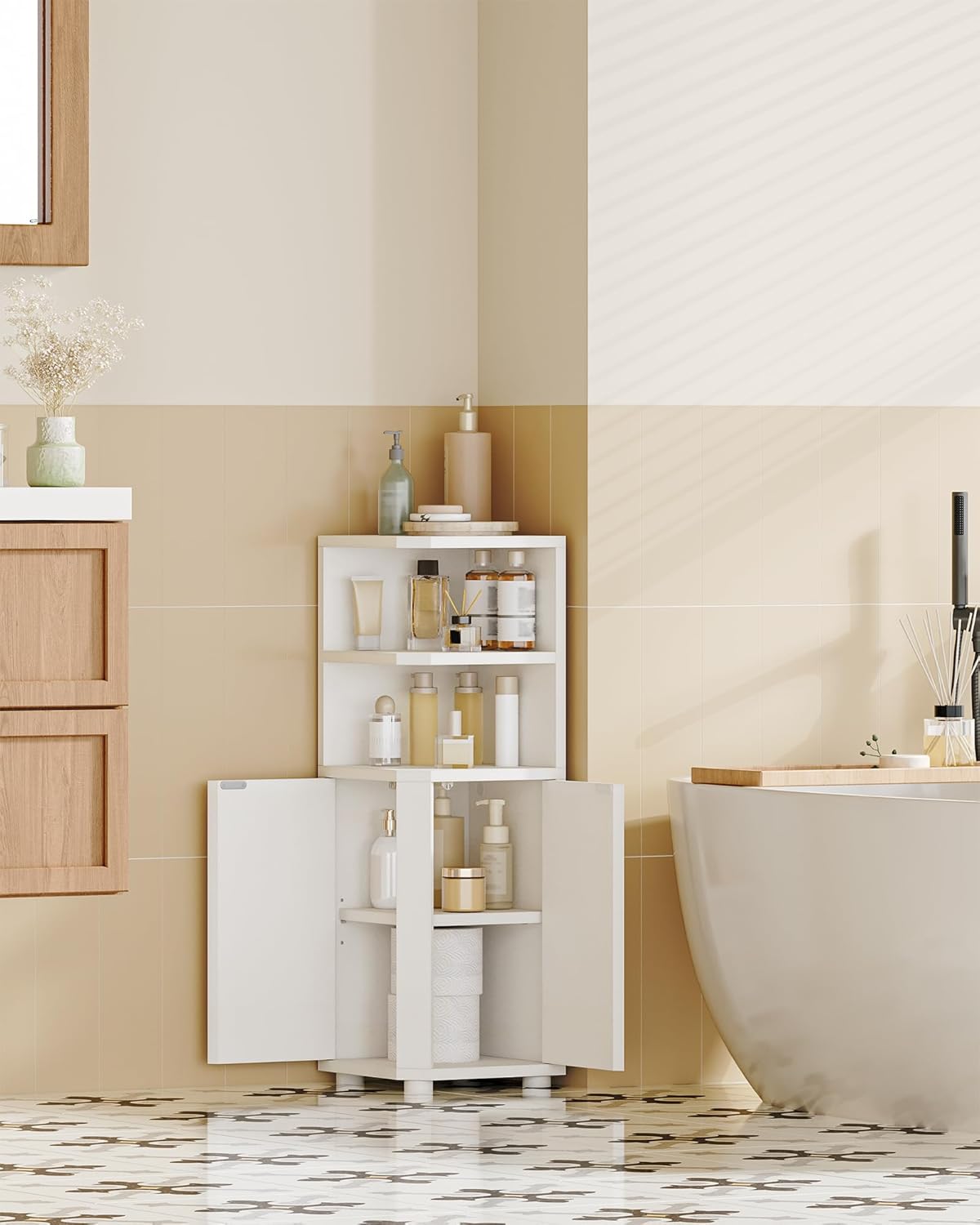 Small Bathroom Corner Cabinet with Doors, Narrow Storage Cabinets with Adjustable Shelves, Bathroom Organizers and Storage for Small Space