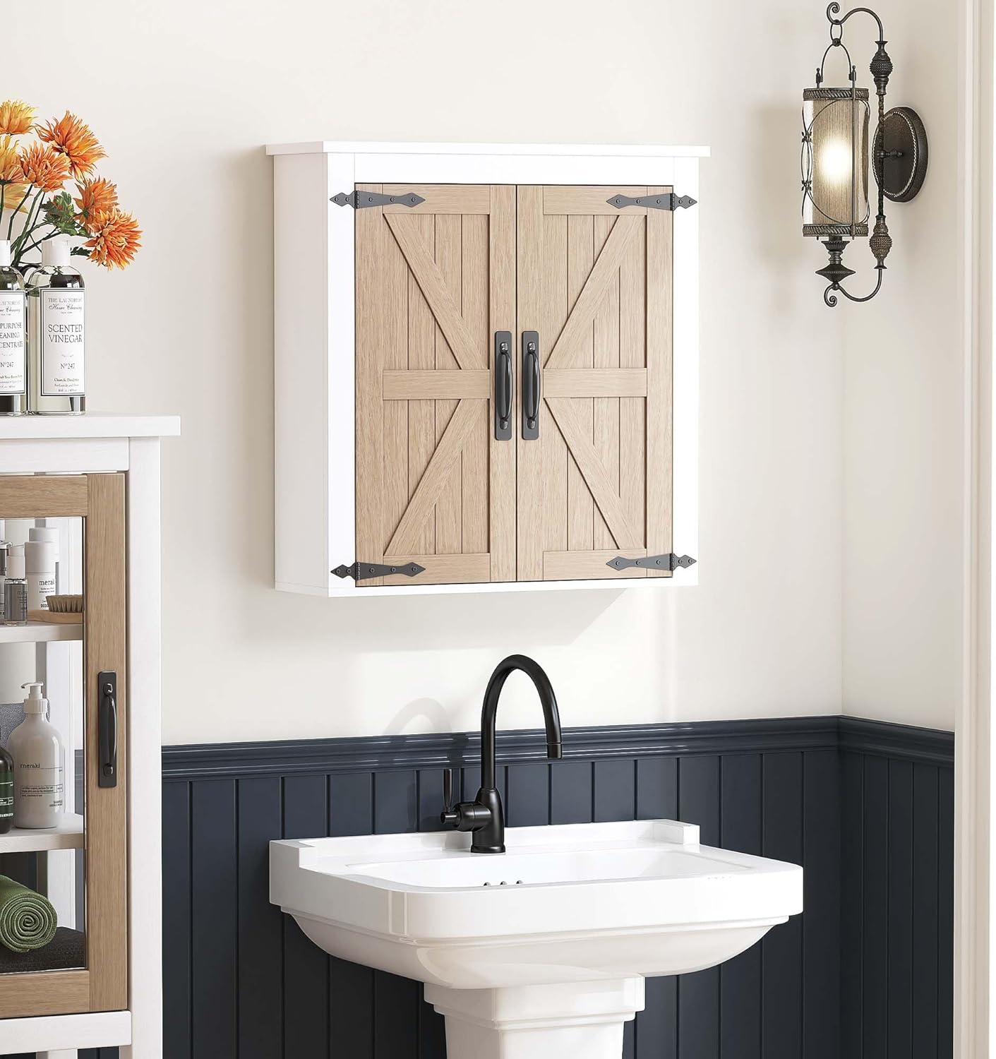 Bathroom Wall Cabinet Over Toilet, Farmhouse Wall Mounted Medicine Cabinet Organizer with Wood Grain Barn Doors and Adjustable Shelves