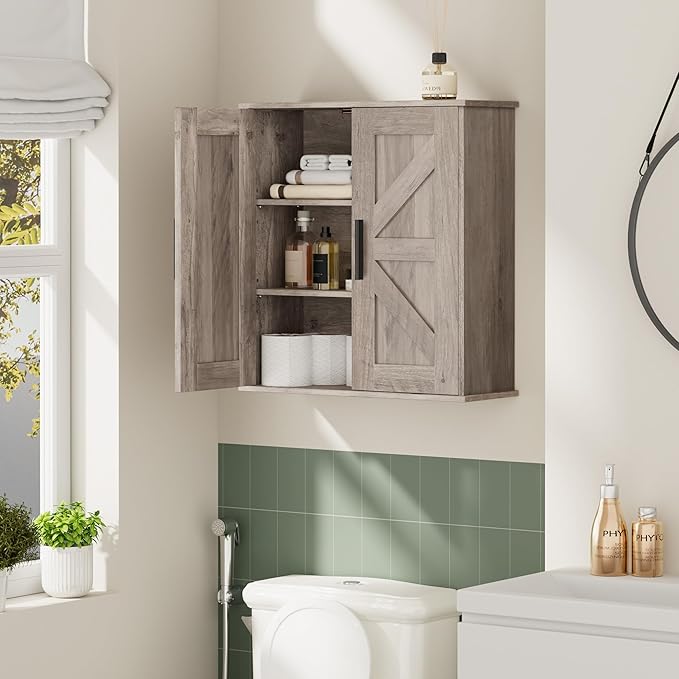 Over Toilet Storage Cabinet with Barn Doors and Adjustable Shelves, 3-Tier Medicine Cabinet Wall Mounted, for Bathroom