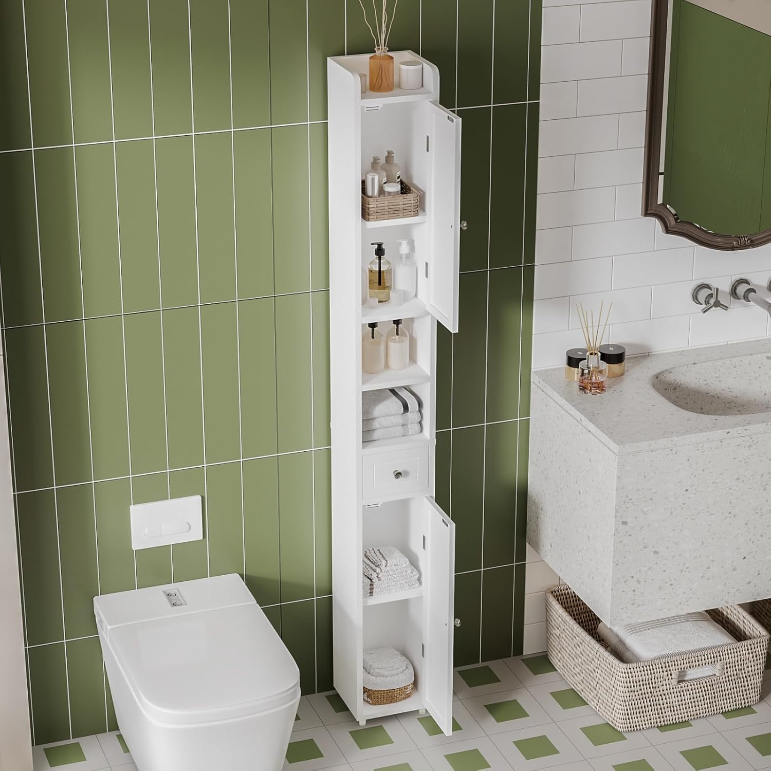 Narrow Bathroom Storage Cabinet with Adjustable Shelves, Tall Storage Cabinet with 2 Doors and 1 Drawer, Freestanding Cupboard for Small Spaces