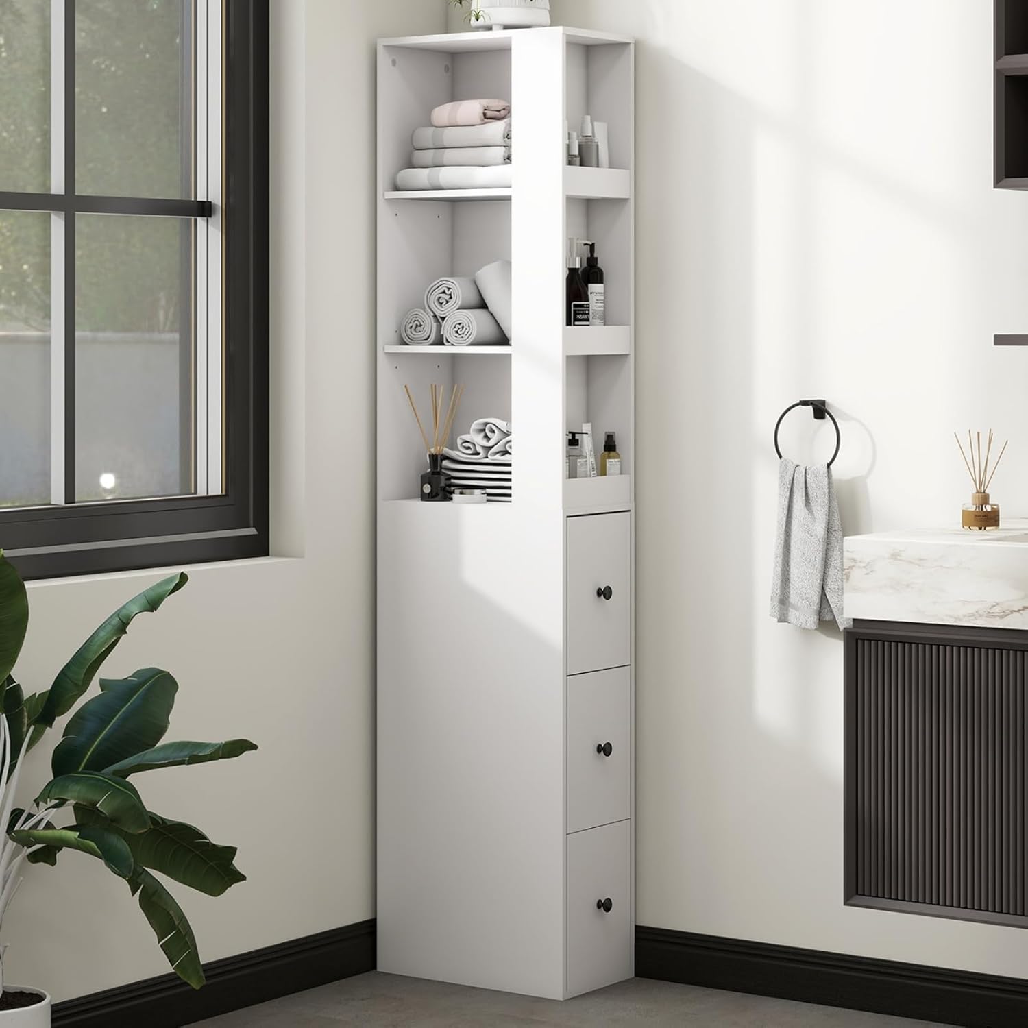 Storage Cabinet Tall Narrow Bathroom Organizer with Side Storage Rack and 3-Level Adjustable Shelves Slim Free Standing Space Saver for Living Room Kitchen, Classic White