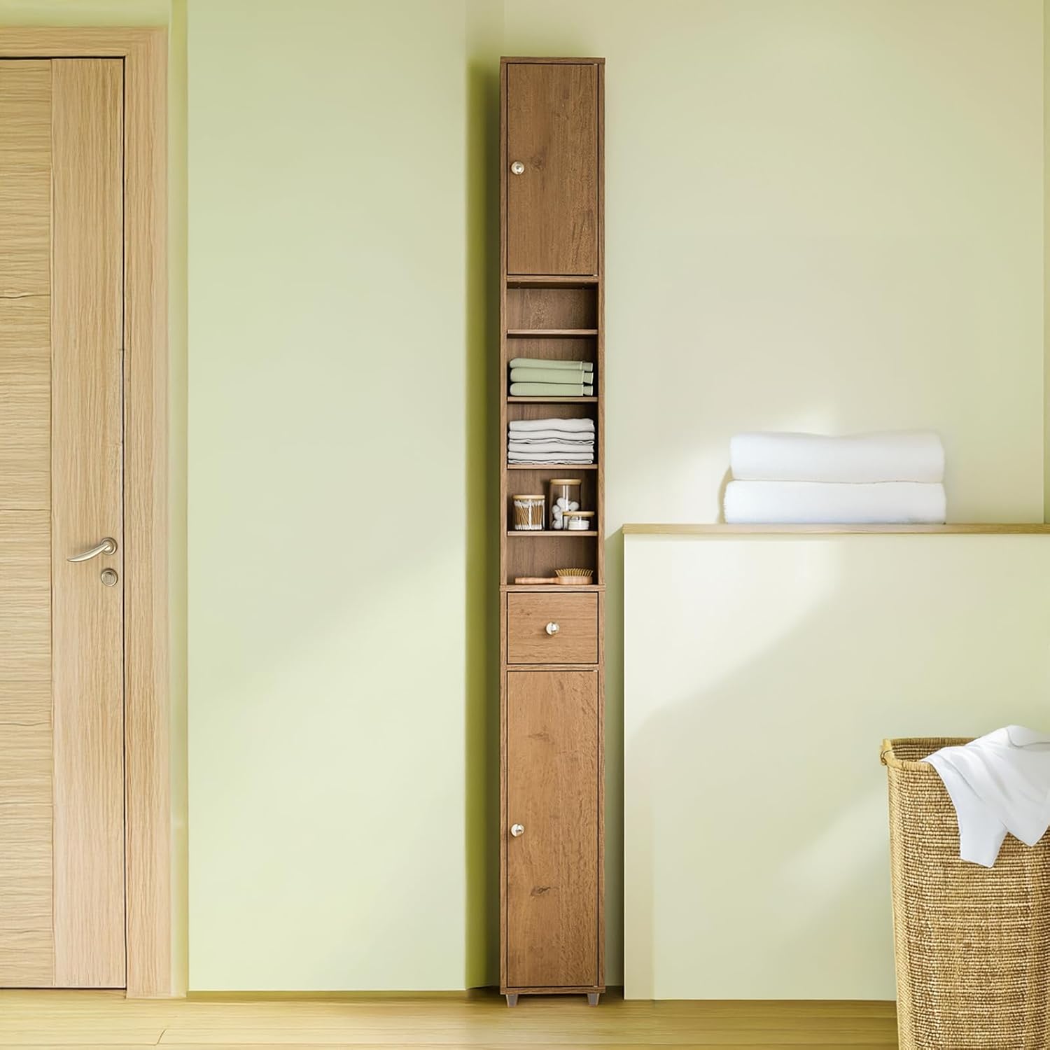 Tall Slim Bathroom Storage Cabinet with Drawer and Doors, Narrow Freestanding Organizer for Small Spaces, Adjustable Shelves for Towels
