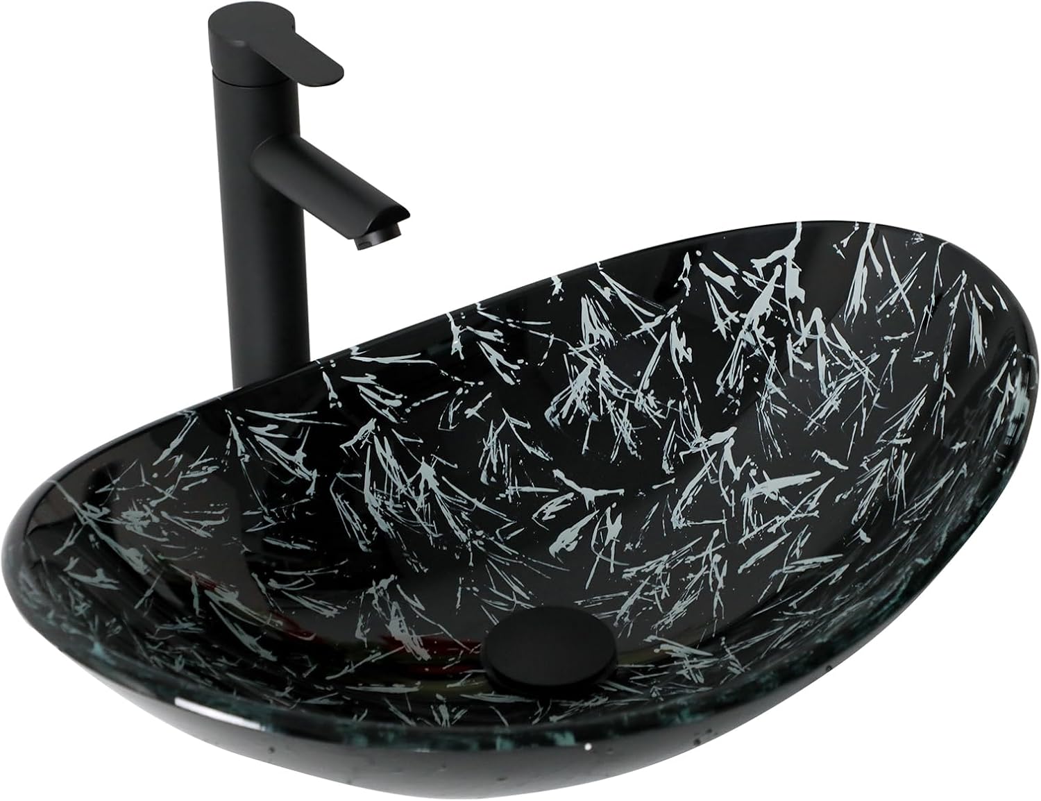 21" Black Glass Vessel Sink With Faucet And Drain Combo Modern Boat Shape Artistic Basin