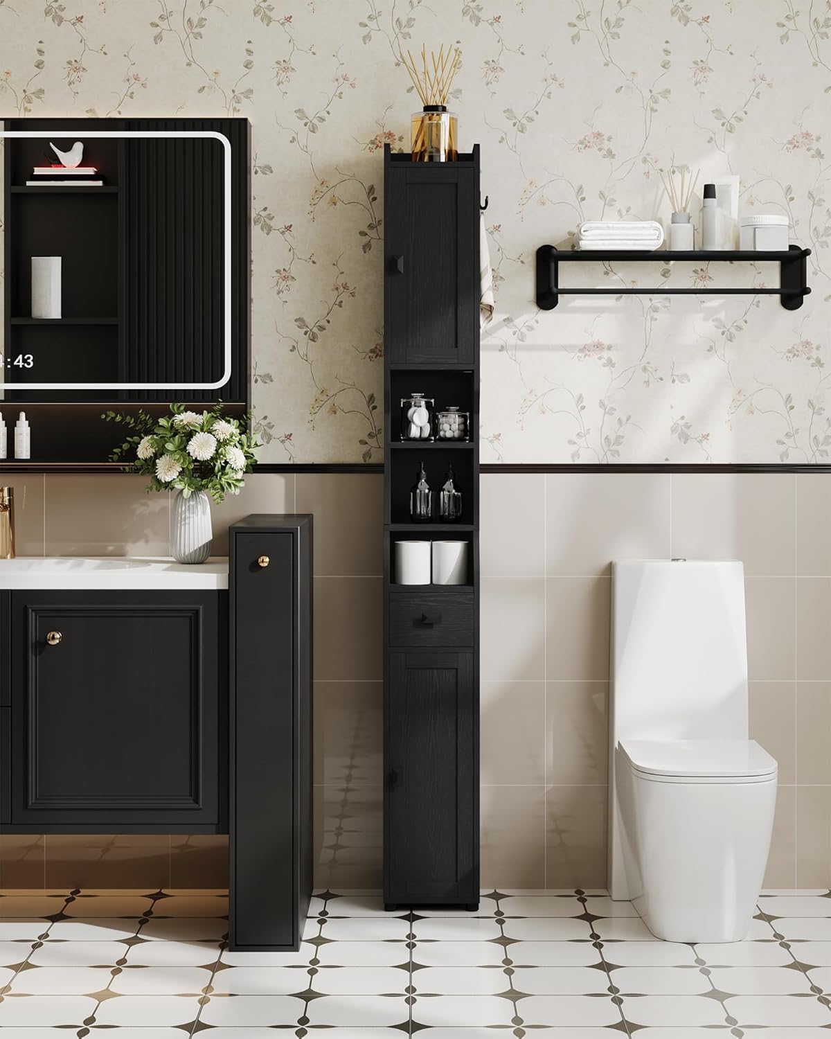 Narrow Tall Bathroom Cabinet, Freestanding Floor Cabinets with 2 Doors and 1 Drawer, Toilets Organizer with Adjustable Shelf