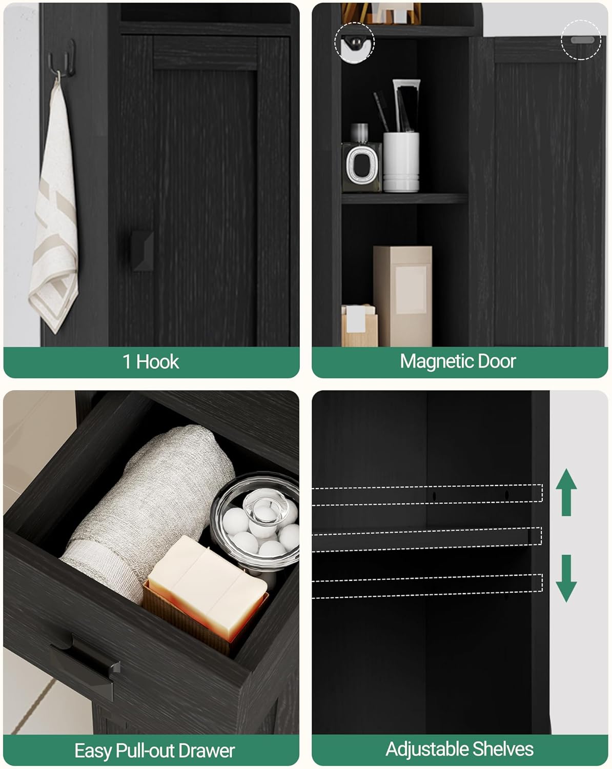 Narrow Tall Bathroom Cabinet, Freestanding Floor Cabinets with 2 Doors and 1 Drawer, Toilets Organizer with Adjustable Shelf