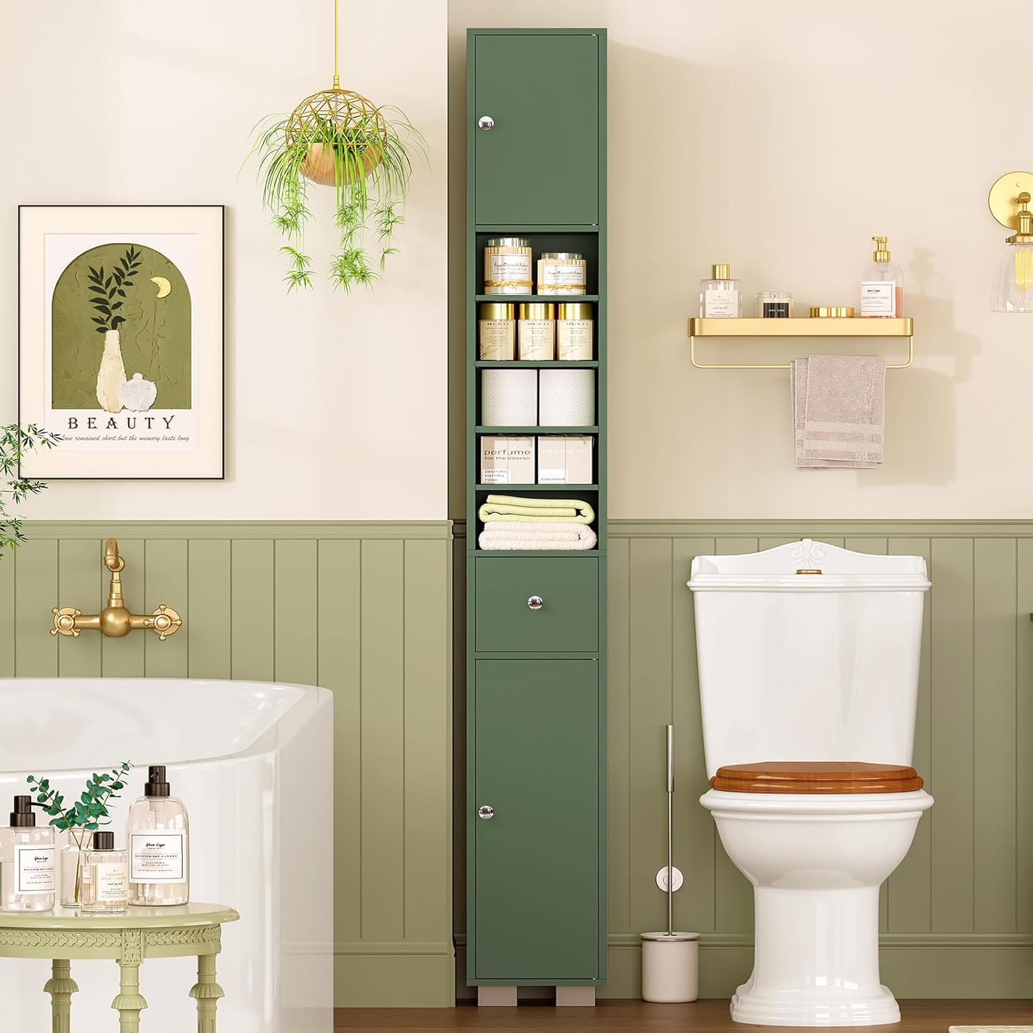 Bathroom Cabinet, Narrow Bathroom Storage Cabinet with 5 Adjustable Shelves & Drawer, Freestanding Cupboard for Small Spaces