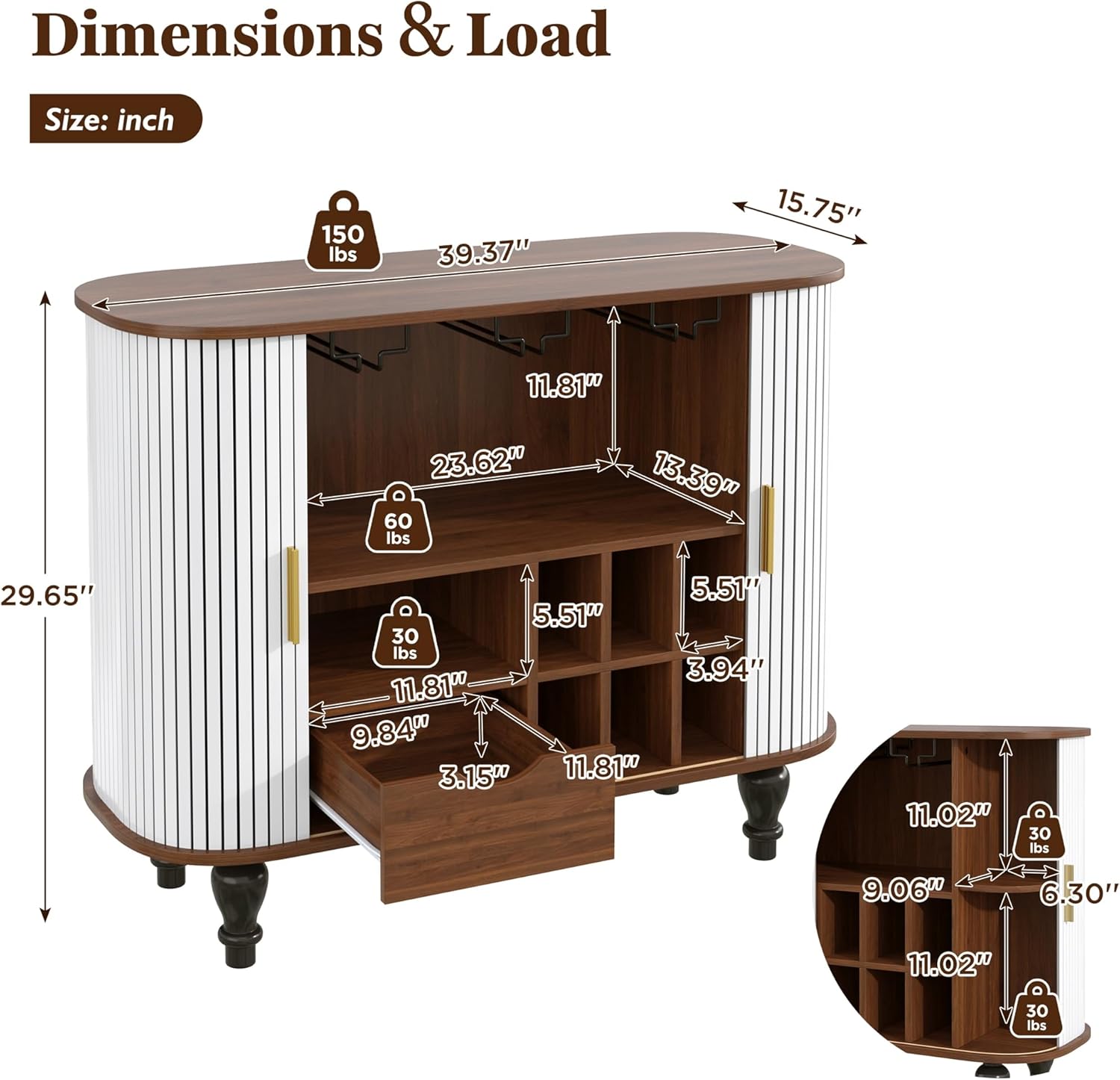 39" Fluted Bar Cabinet With Large Storage Drawer