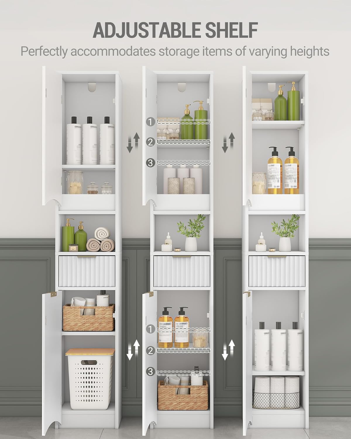 Tall Storage Cabinet with 2 Doors & 1 Drawer, Cabinets with Adjustable Shelves & Wave Doors, Silm Bathroom Cabinets