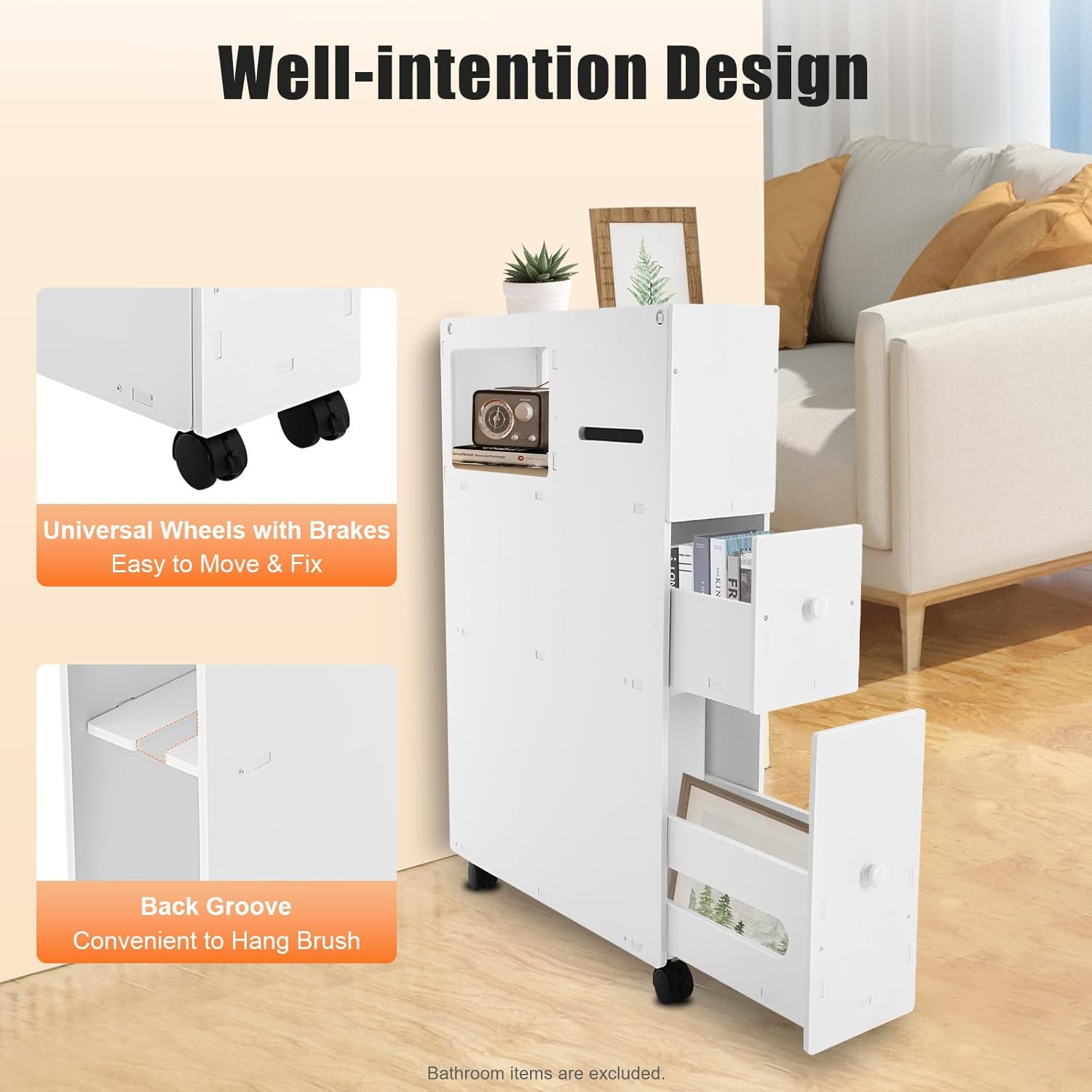 3-Tier Drawers Bathroom Storage Cabinet with Wheels, Narrow Bathroom Organizer with Flip Top, Free Standing Toilet Paper Holder White PVC Floor Cabinet