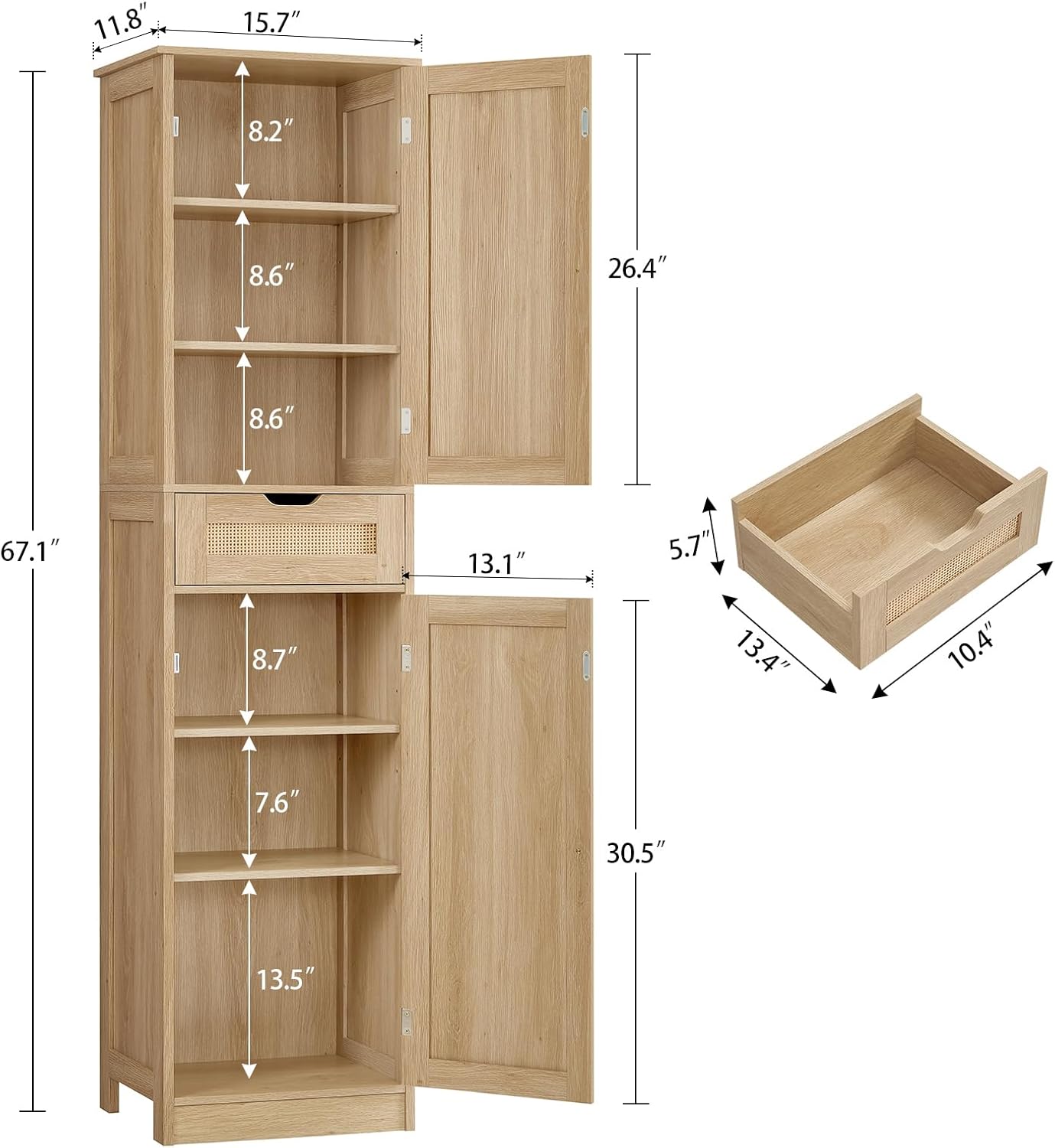 67" H Tall Storage Cabinet with 2 Rattan Doors and 1 Drawer, Narrow Rattan Cabinet with Adjustable Shelves