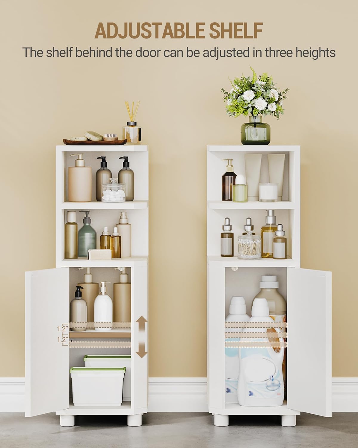 Small Bathroom Corner Cabinet with Doors, Narrow Storage Cabinets with Adjustable Shelves, Bathroom Organizers and Storage for Small Space