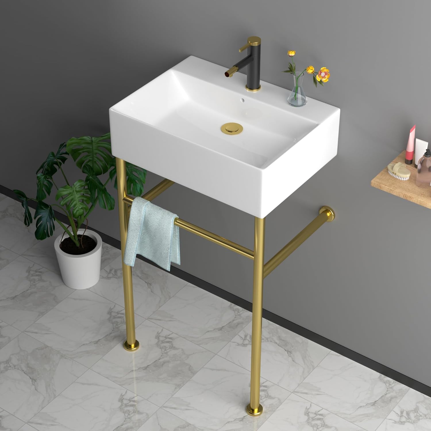 Rectangular Ceramic Console Sink with Brushed Gold Stainless Steel Pedestal