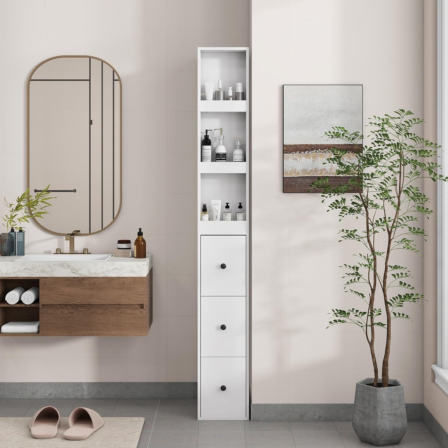 Storage Cabinet Tall Narrow Bathroom Organizer with Side Storage Rack and 3-Level Adjustable Shelves Slim Free Standing Space Saver for Living Room Kitchen, Classic White