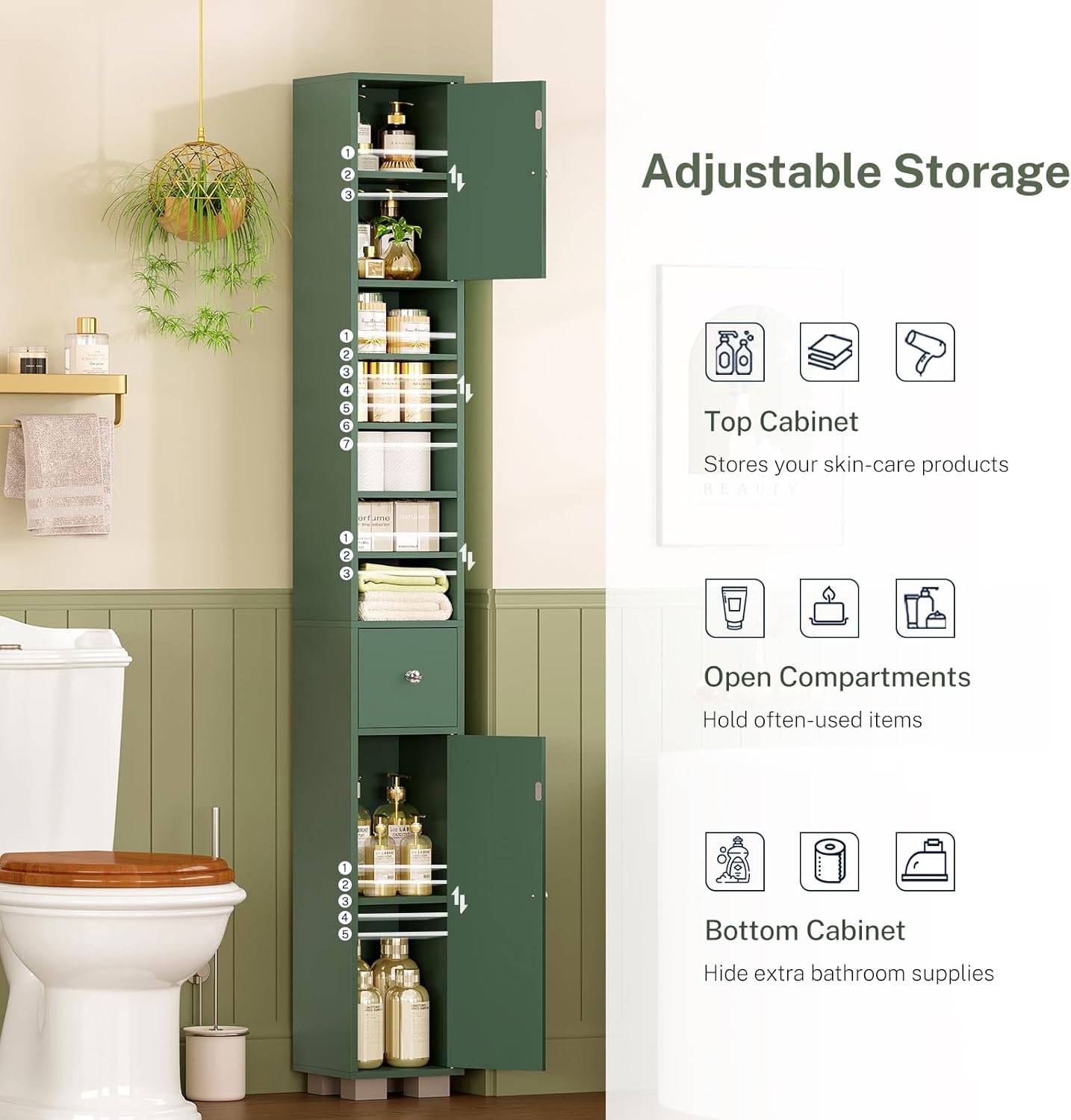 Bathroom Cabinet, Narrow Bathroom Storage Cabinet with 5 Adjustable Shelves & Drawer, Freestanding Cupboard for Small Spaces