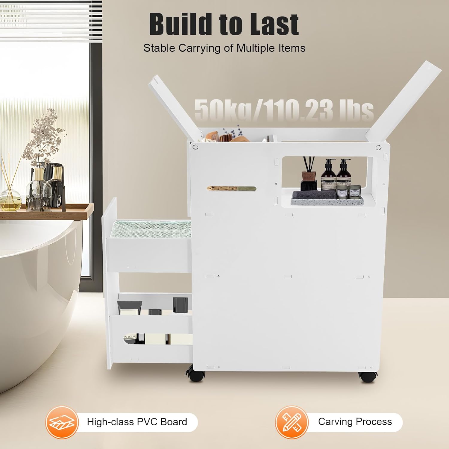 3-Tier Drawers Bathroom Storage Cabinet with Wheels, Narrow Bathroom Organizer with Flip Top, Free Standing Toilet Paper Holder White PVC Floor Cabinet
