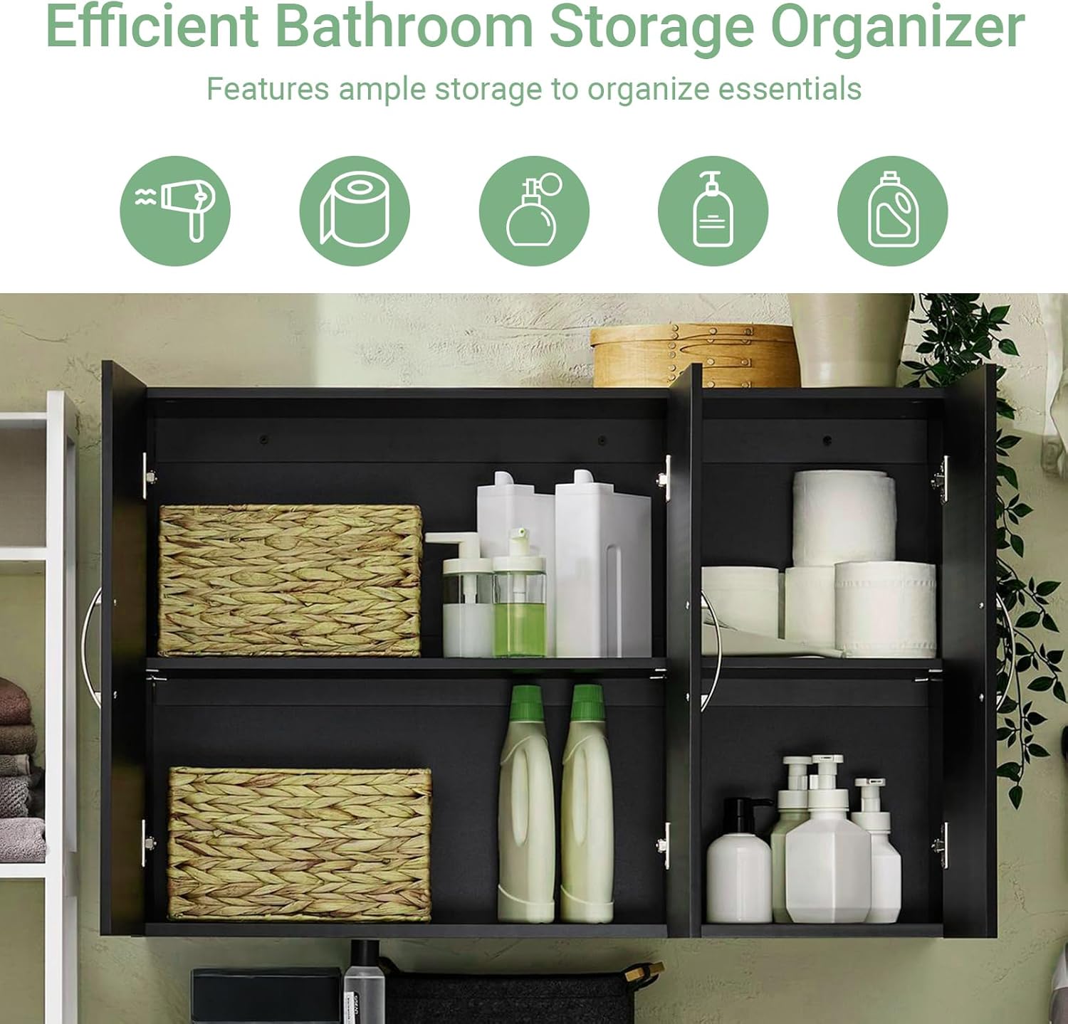 3-Doors Bathroom and Laundry Room Wall Cabinet with Adjustable Shelves, Wall Mounted MDF Storage Organizer Over Toilet or Washer