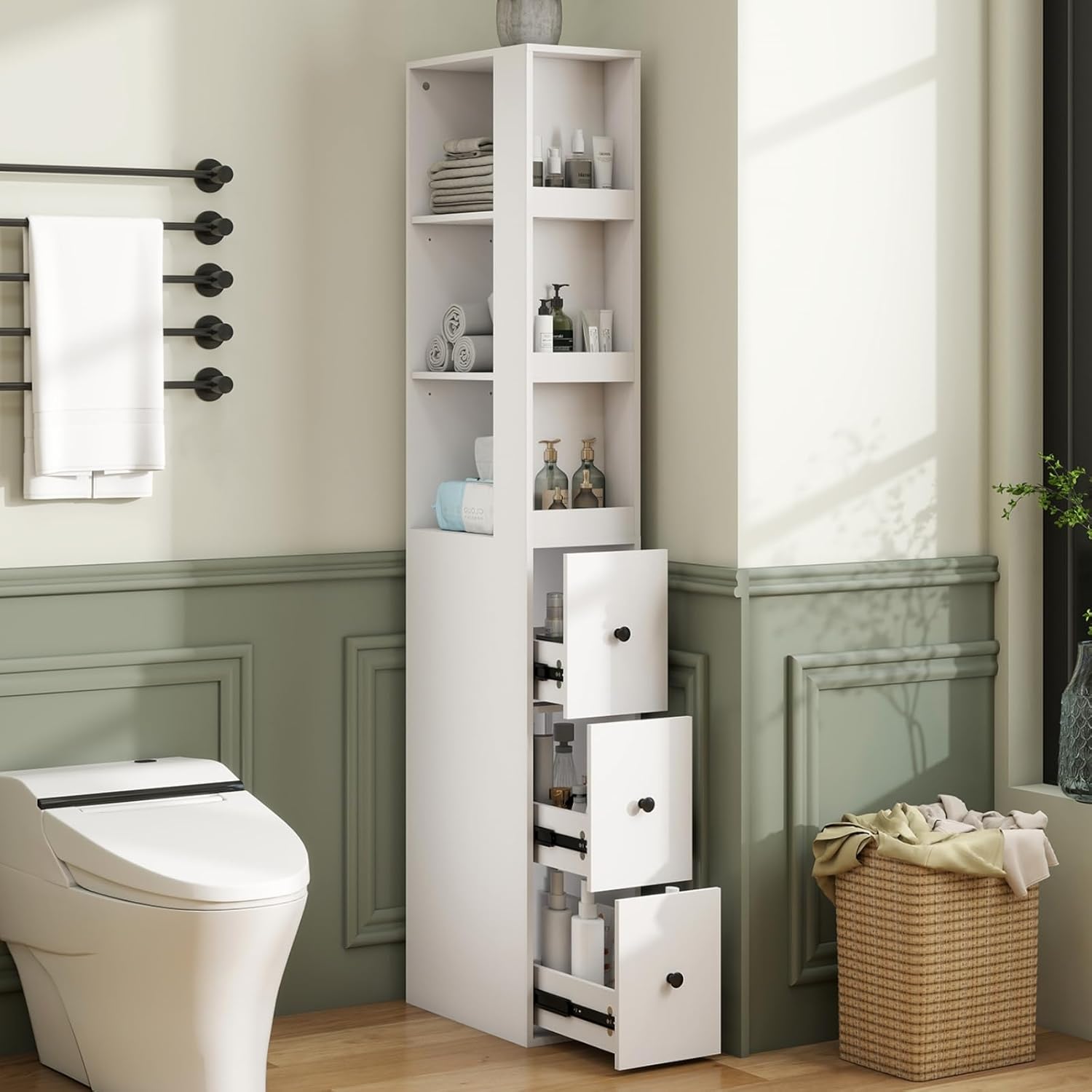 Storage Cabinet Tall Narrow Bathroom Organizer with Side Storage Rack and 3-Level Adjustable Shelves Slim Free Standing Space Saver for Living Room Kitchen, Classic White