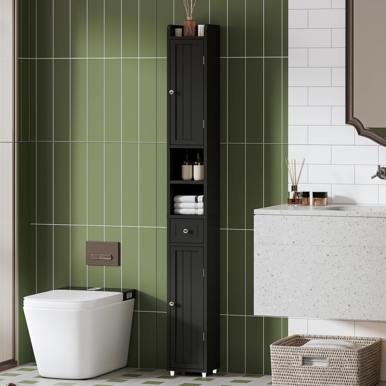 Narrow Bathroom Storage Cabinet with Adjustable Shelves, Tall Storage Cabinet with 2 Doors and 1 Drawer, Freestanding Cupboard for Small Spaces