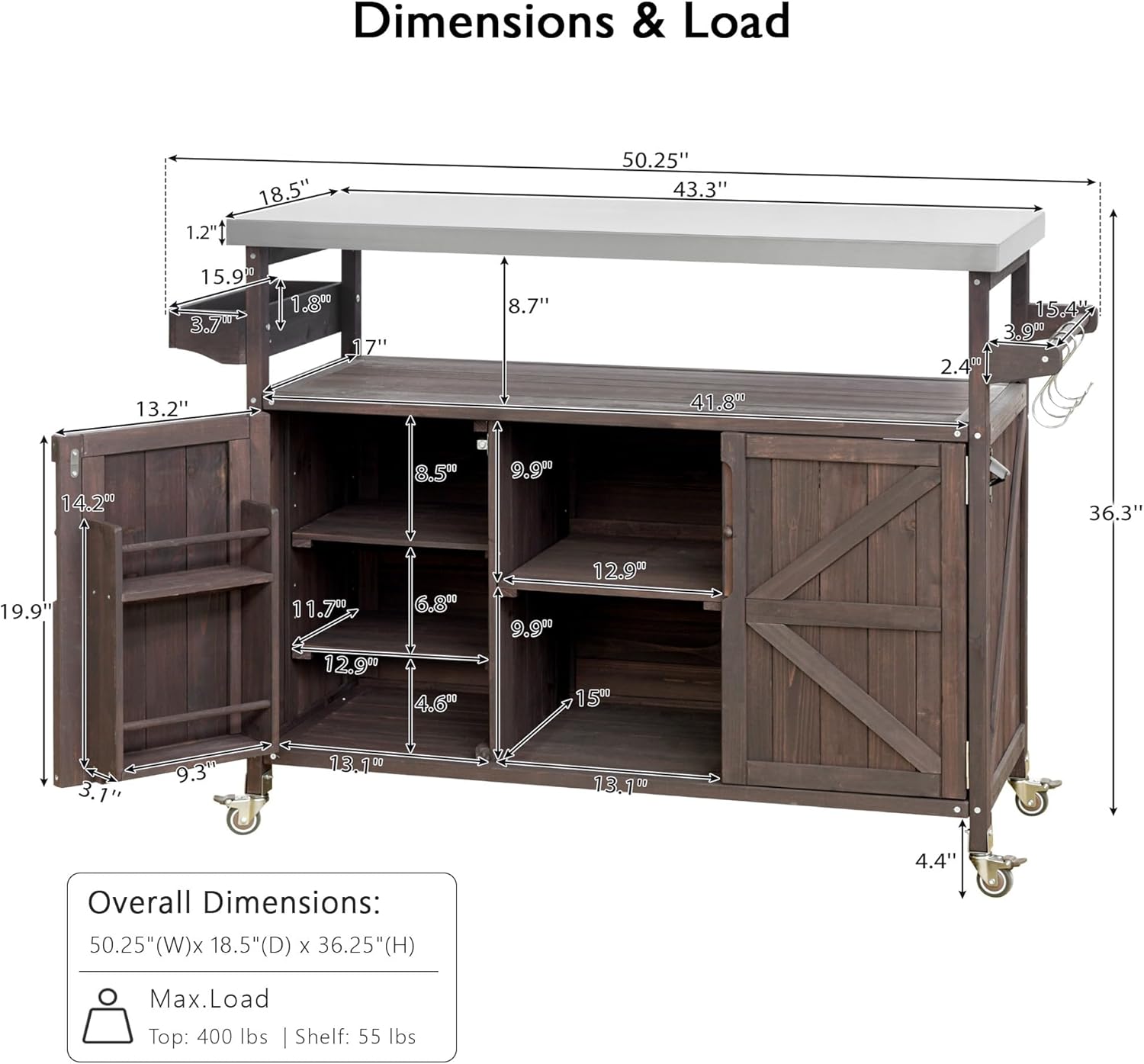 Rolling Bar Cart with Wheels, Solid Wood Outdoor Grill Table for BBQ Food Prep (Dark Brown)