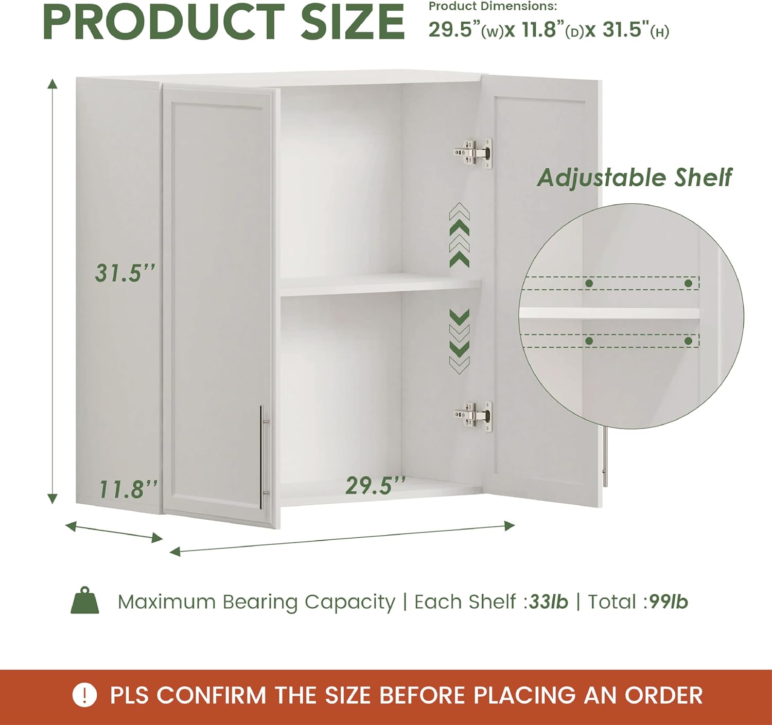 Large Kitchen Laundry Wall Amount Cabinets with Two Shaker Doors and Adjustable Shelf