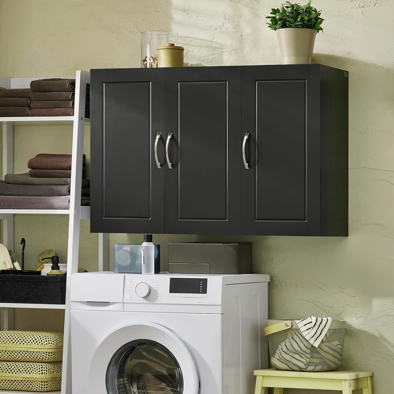 3-Doors Bathroom and Laundry Room Wall Cabinet with Adjustable Shelves, Wall Mounted MDF Storage Organizer Over Toilet or Washer