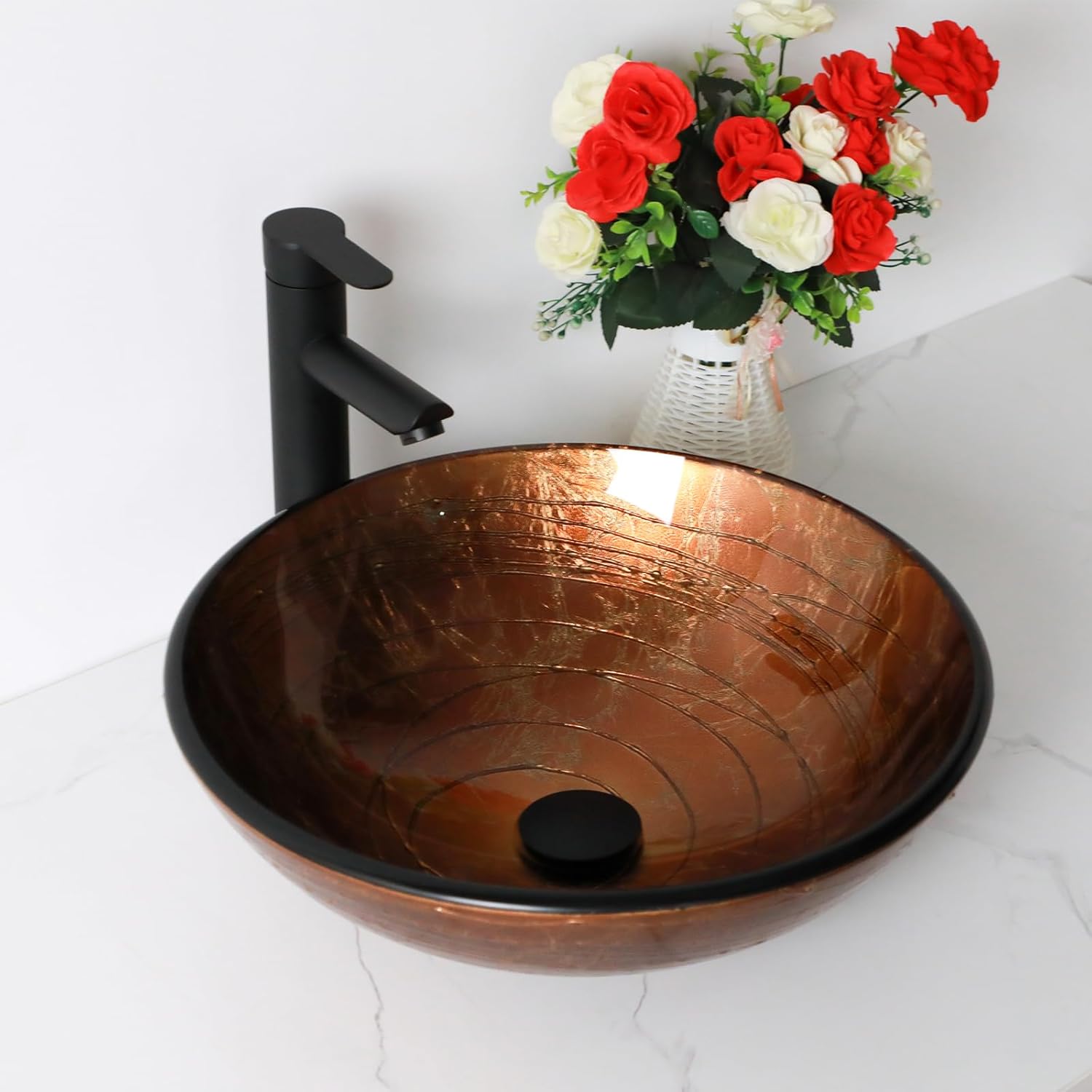 17" Brown Glass Vessel Sink With Faucet And Drain Combo Modern Round Shape Artistic Basin Bathroom Vessel Sink