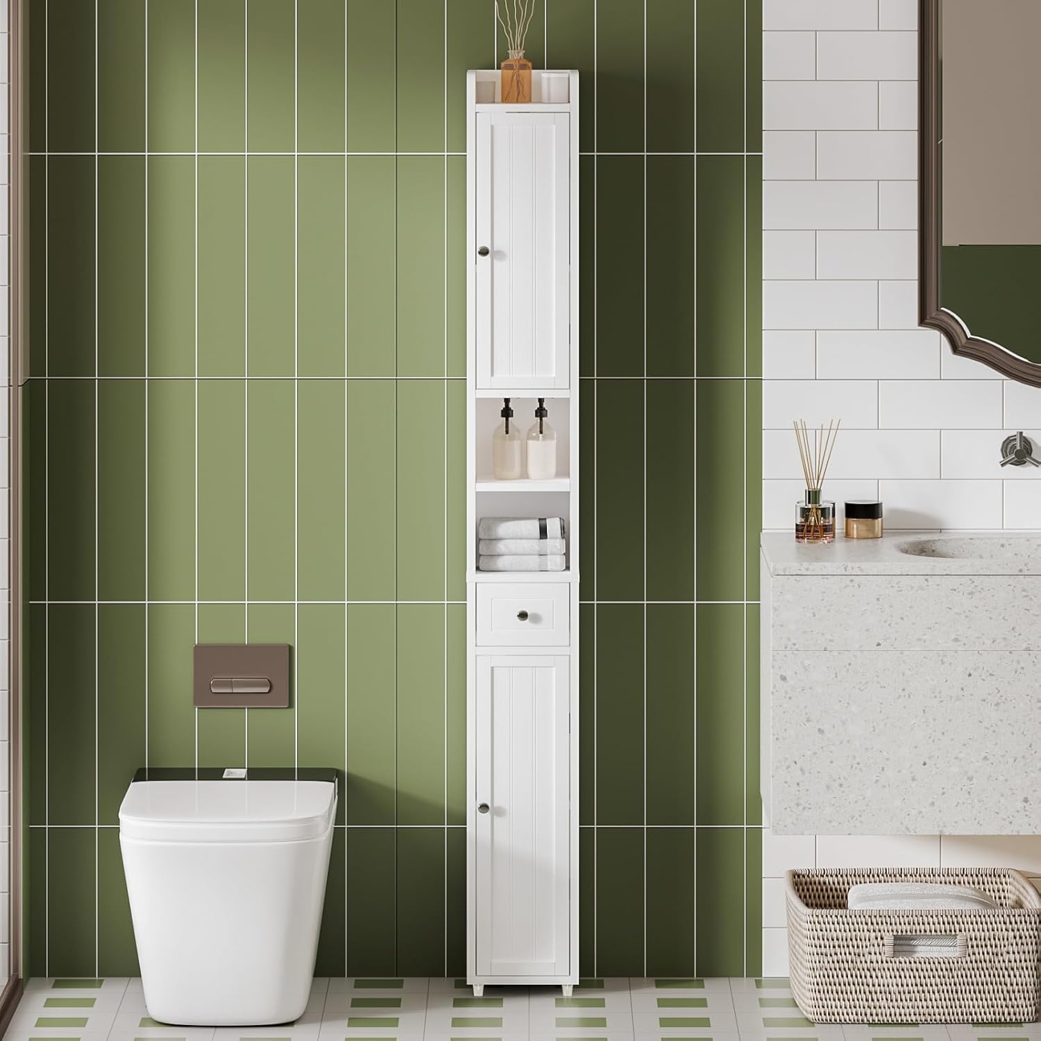 Narrow Bathroom Storage Cabinet with Adjustable Shelves, Tall Storage Cabinet with 2 Doors and 1 Drawer, Freestanding Cupboard for Small Spaces