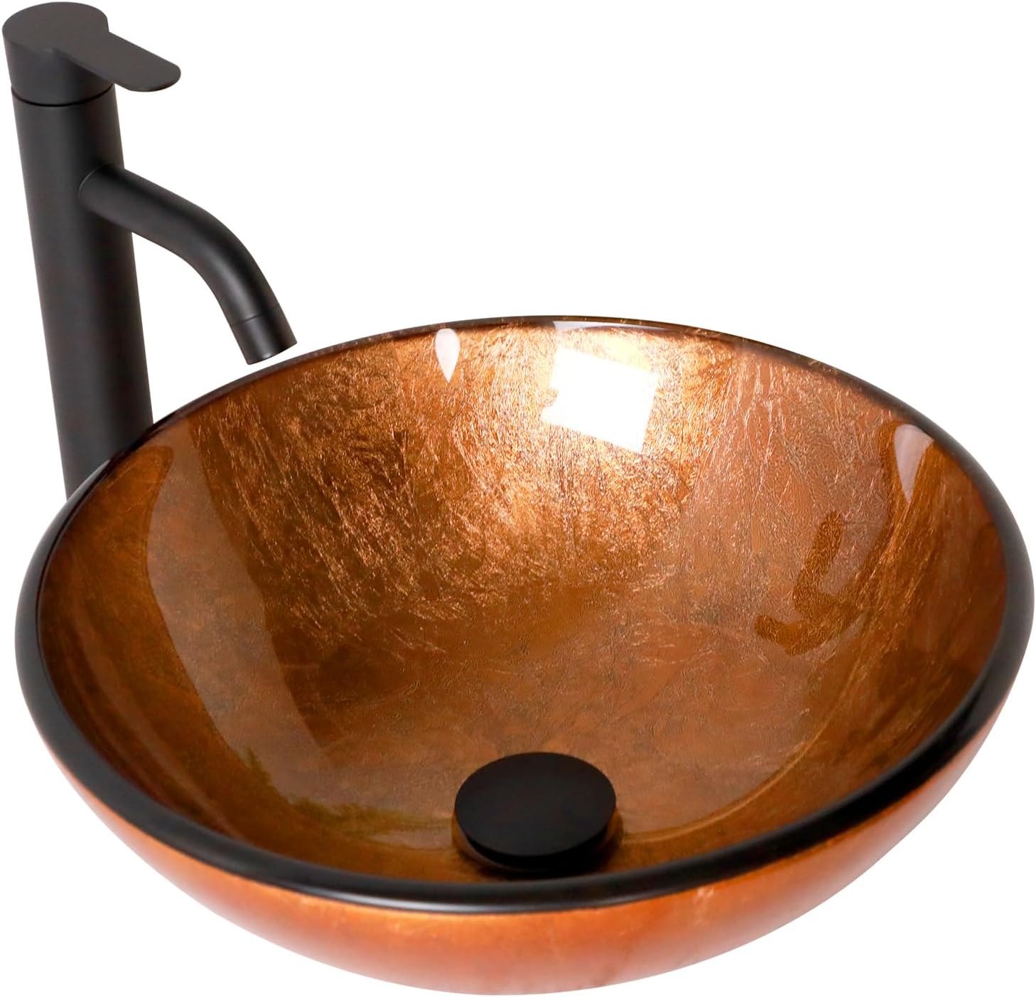 16" Brown Glass Vessel Sink And Drain Combo Modern Round Shape Artistic Basin Bathroom Vessel Sink