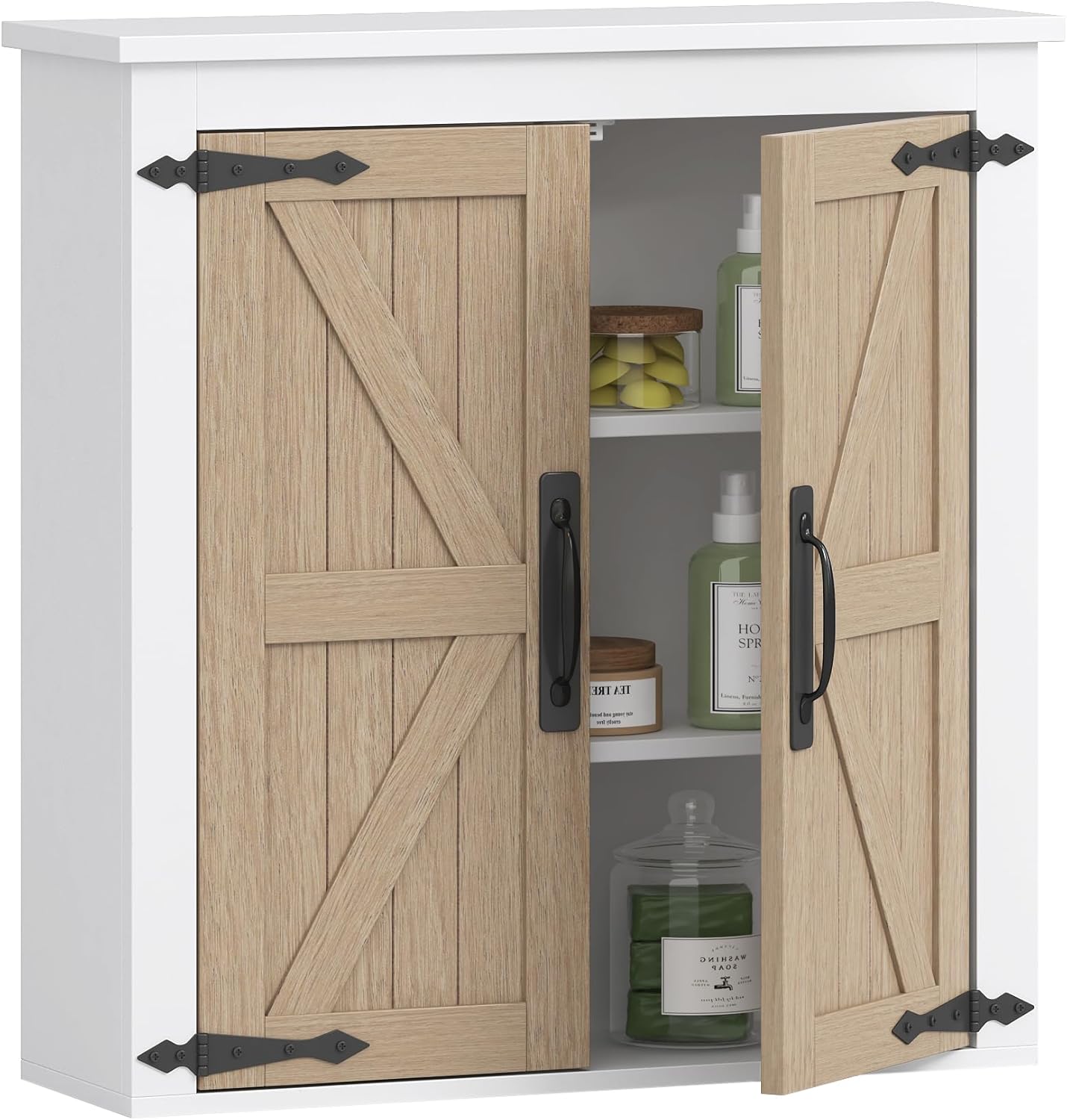 Bathroom Wall Cabinet Over Toilet, Farmhouse Wall Mounted Medicine Cabinet Organizer with Wood Grain Barn Doors and Adjustable Shelves