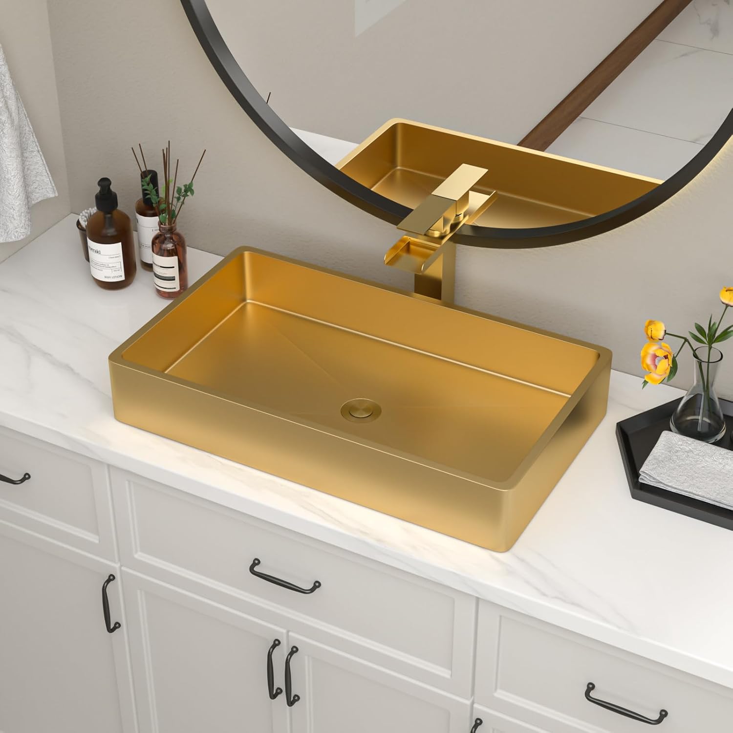 24" Gold Bathroom Vessel Sink 16 Gauge Nano Titanium Plating Rectangle Vessel Sink
