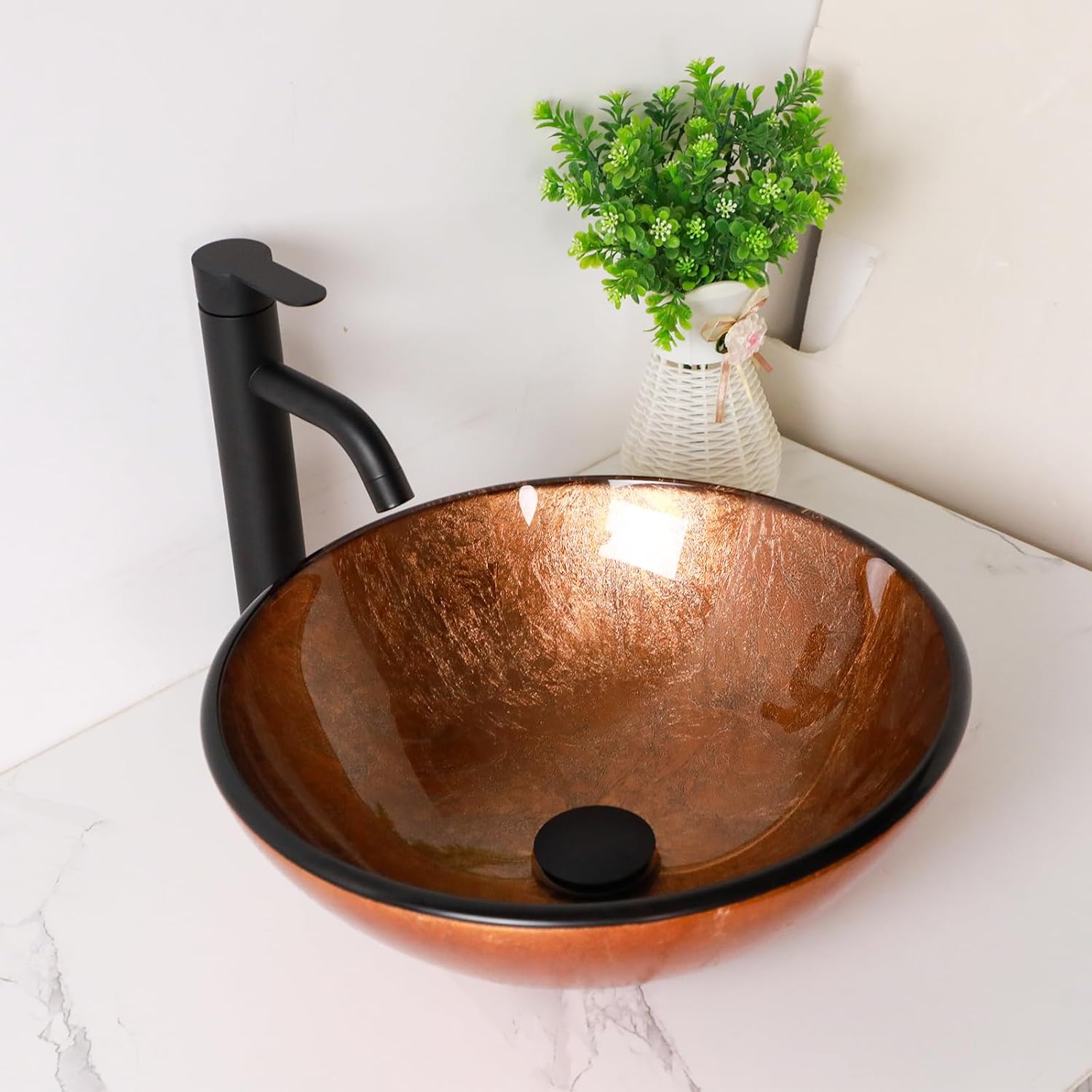 16" Brown Glass Vessel Sink And Drain Combo Modern Round Shape Artistic Basin Bathroom Vessel Sink