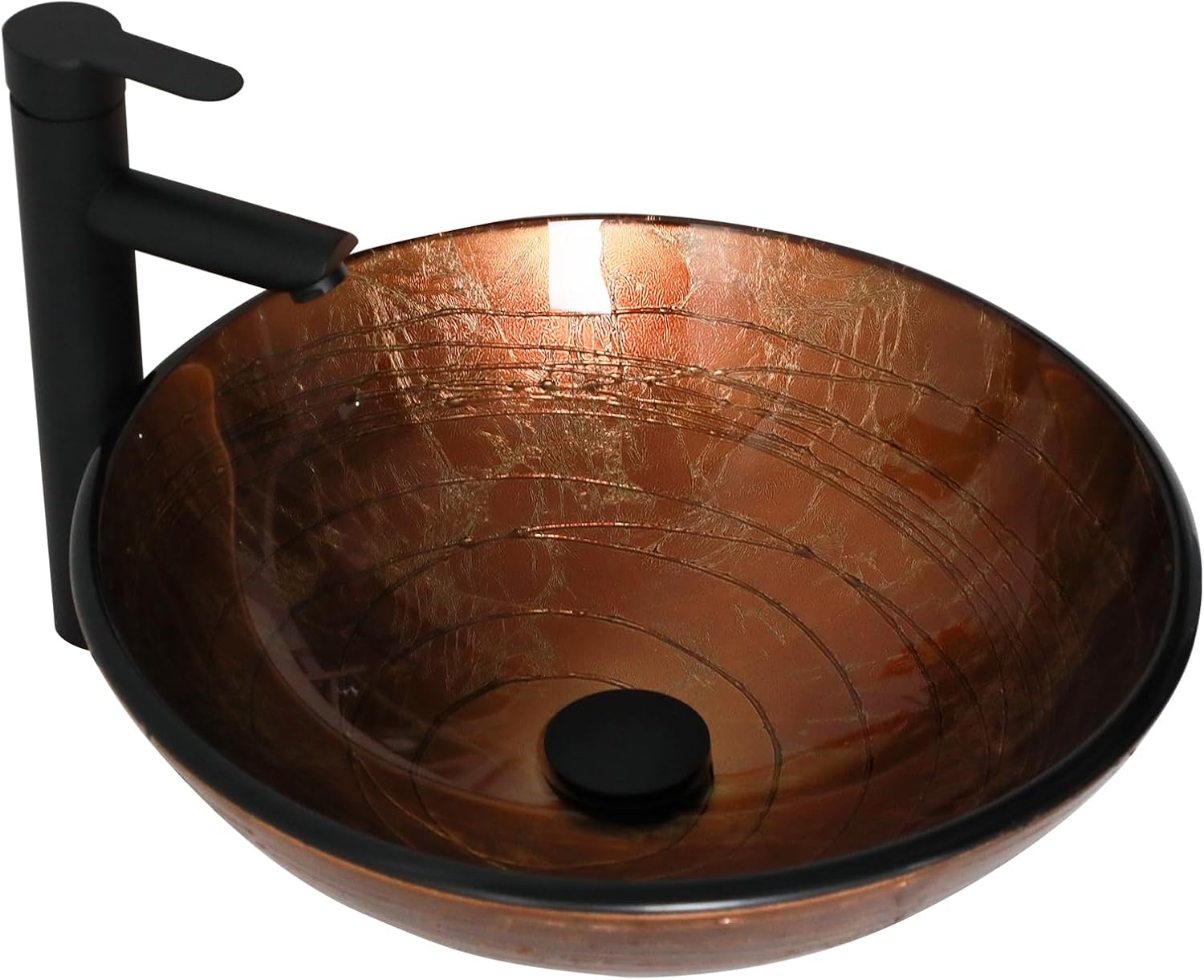 17" Brown Glass Vessel Sink With Faucet And Drain Combo Modern Round Shape Artistic Basin Bathroom Vessel Sink