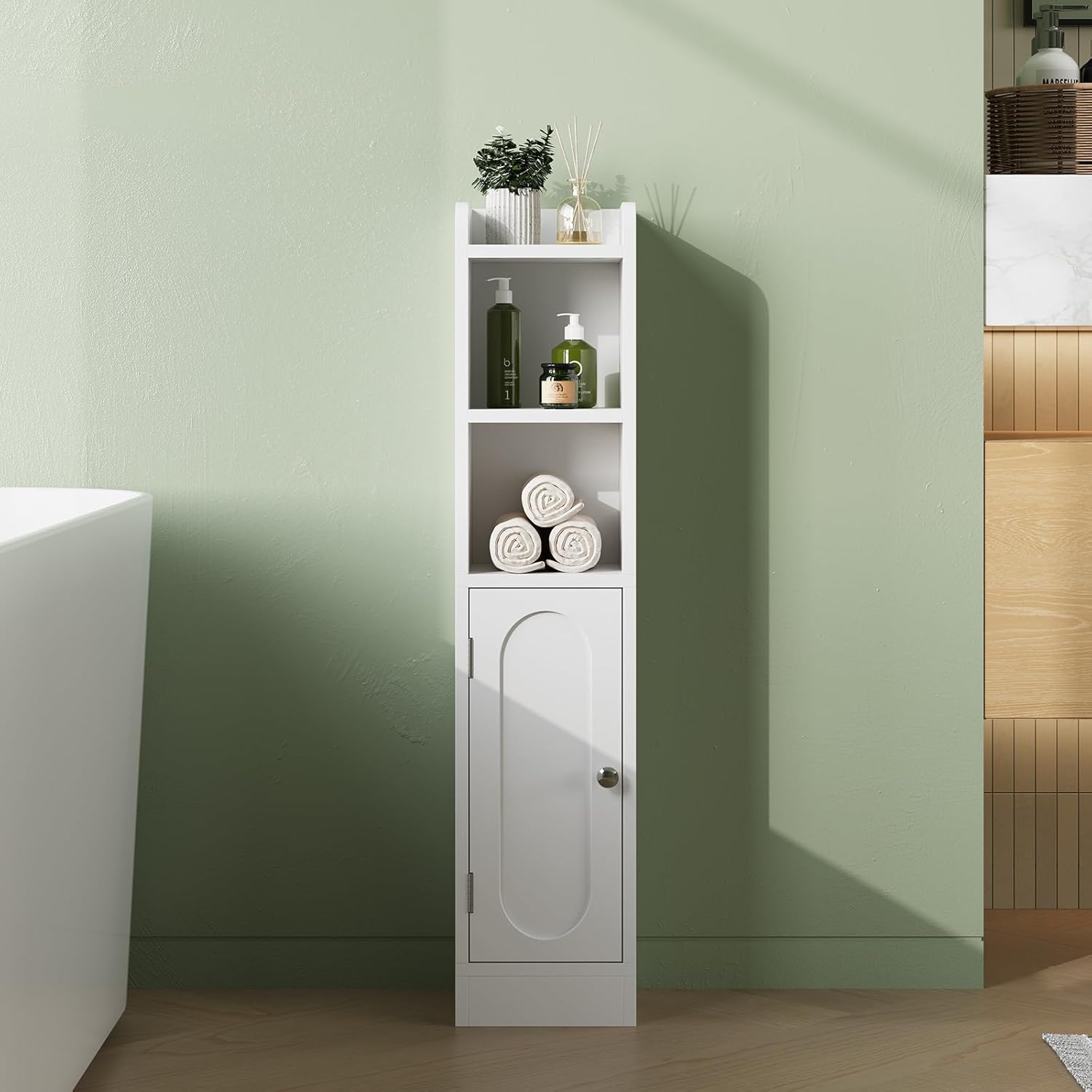 31.5" Small Bathroom Storage Corner Cabinet, Narrow Bathroom Cabinet Organizer with Doors and Adjustable Shelves, Slim Toilet Paper Holder for Small Space