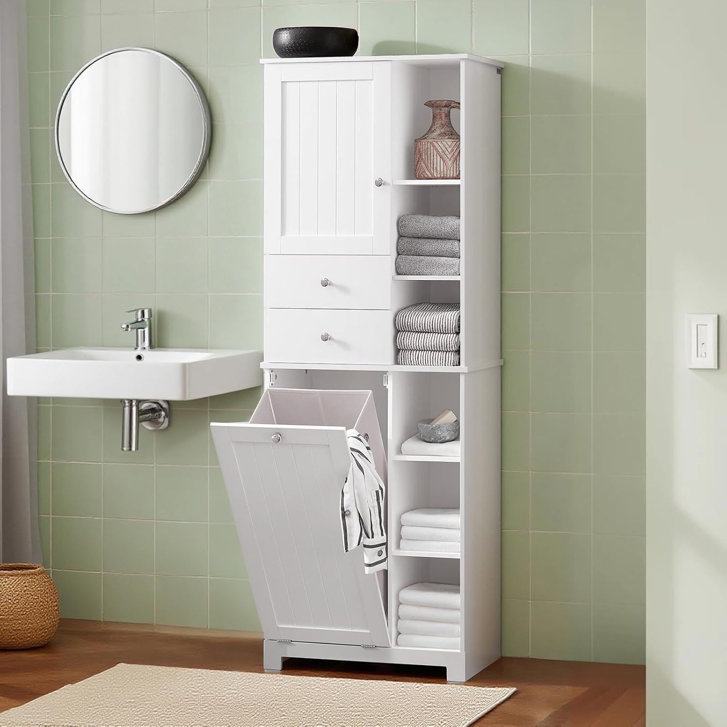 Storage Cabinet with Tilt-Out Hamper and Removable Basket, Freestanding Bathroom Laundry Cabinet with Shelves