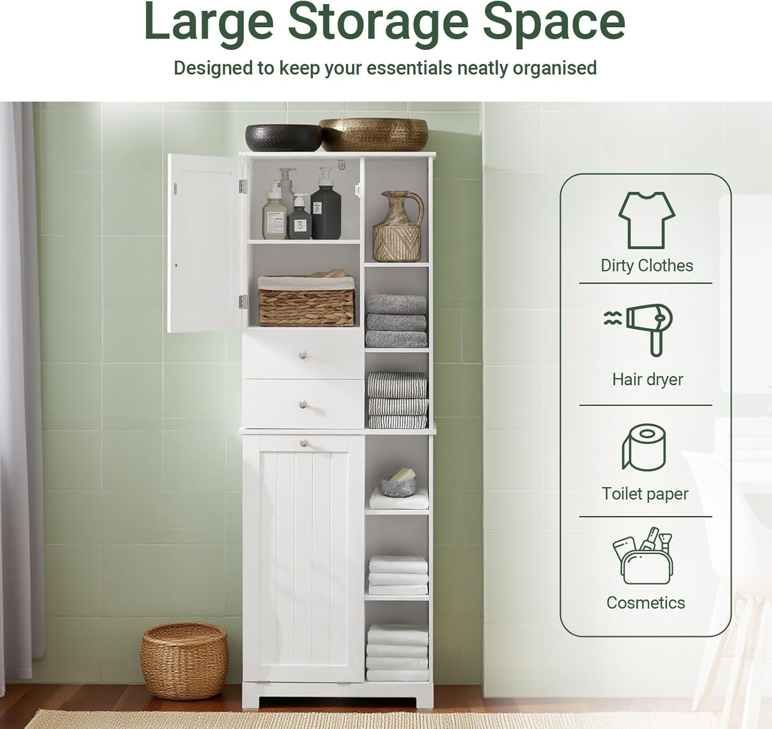 Storage Cabinet with Tilt-Out Hamper and Removable Basket, Freestanding Bathroom Laundry Cabinet with Shelves